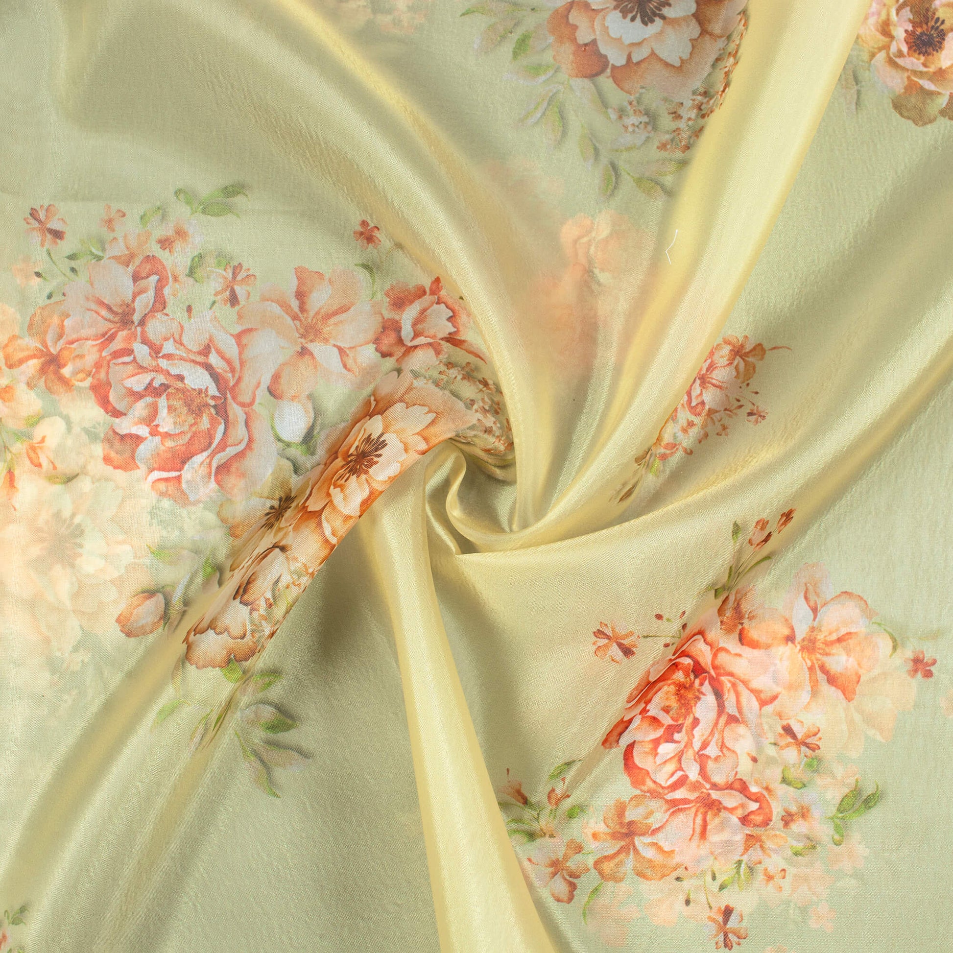 Pistachio Green And Pink Floral Pattern Digital Print Premium Liquid Organza Fabric - Fabcurate