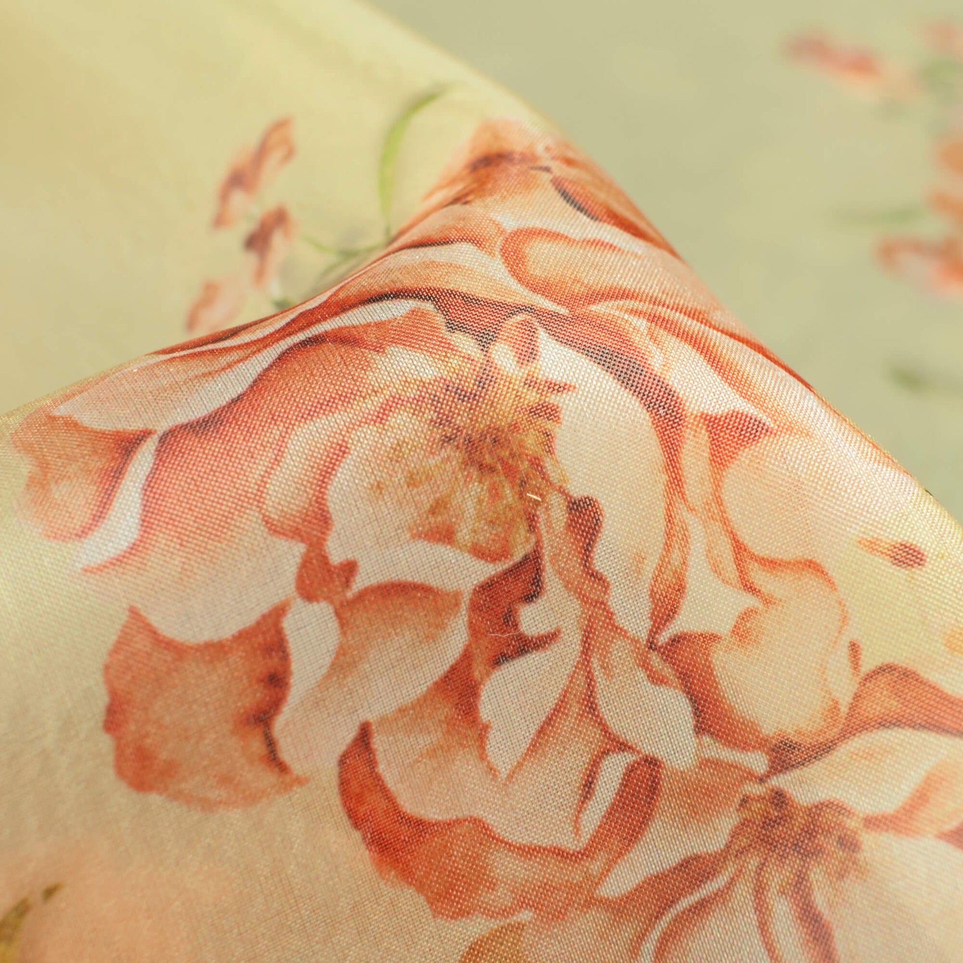 Pistachio Green And Pink Floral Pattern Digital Print Premium Liquid Organza Fabric - Fabcurate