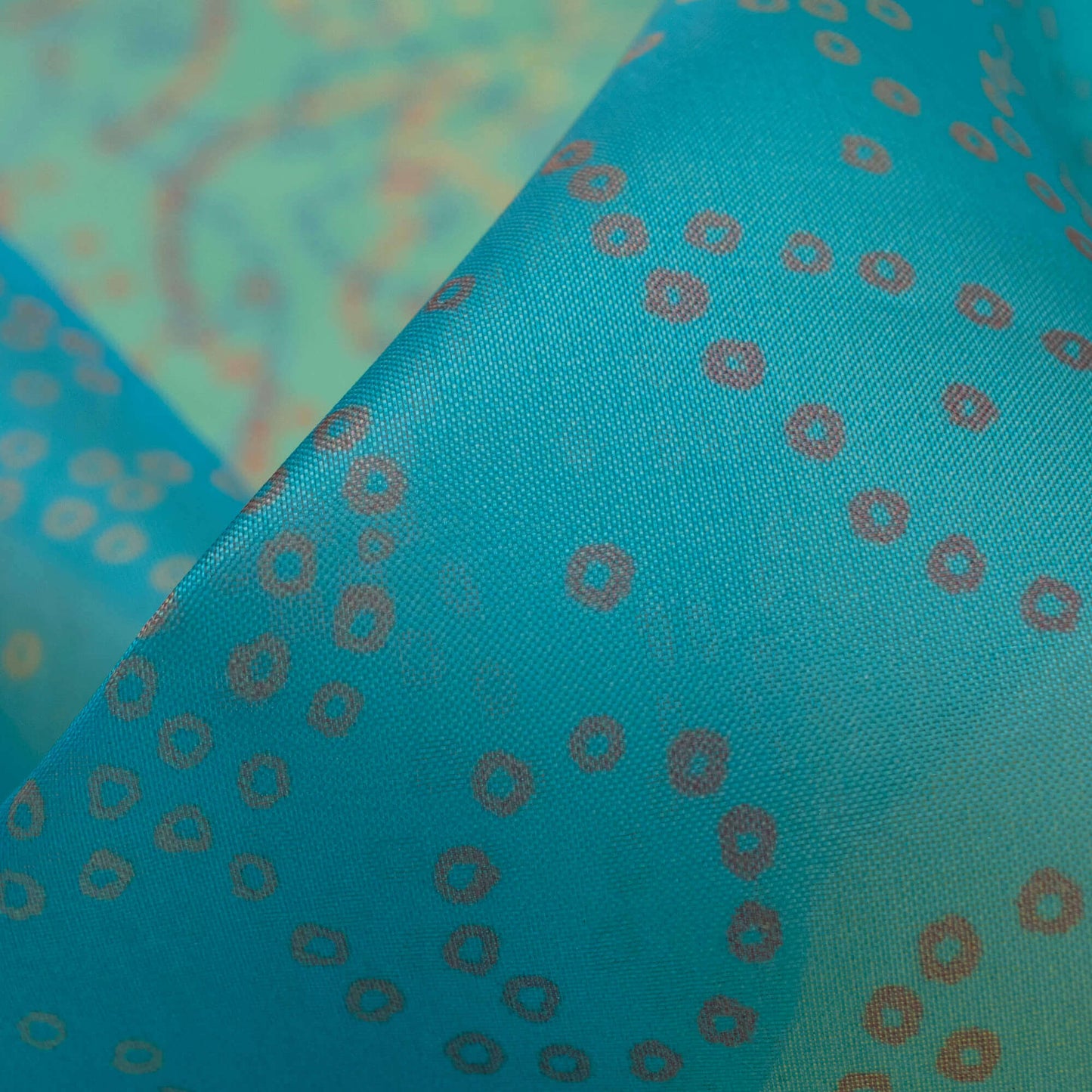 Turquoise And Brown Bandhani Pattern Digital Print Premium Liquid Organza Fabric - Fabcurate