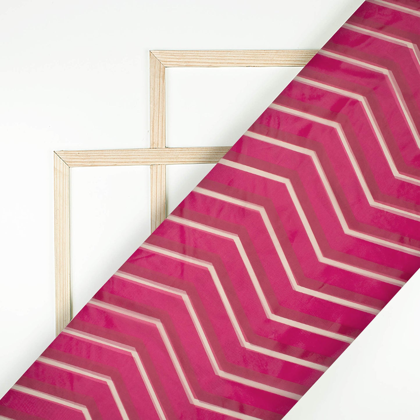 Cerise Pink And White Chevron Pattern Digital Print Organza Satin Fabric