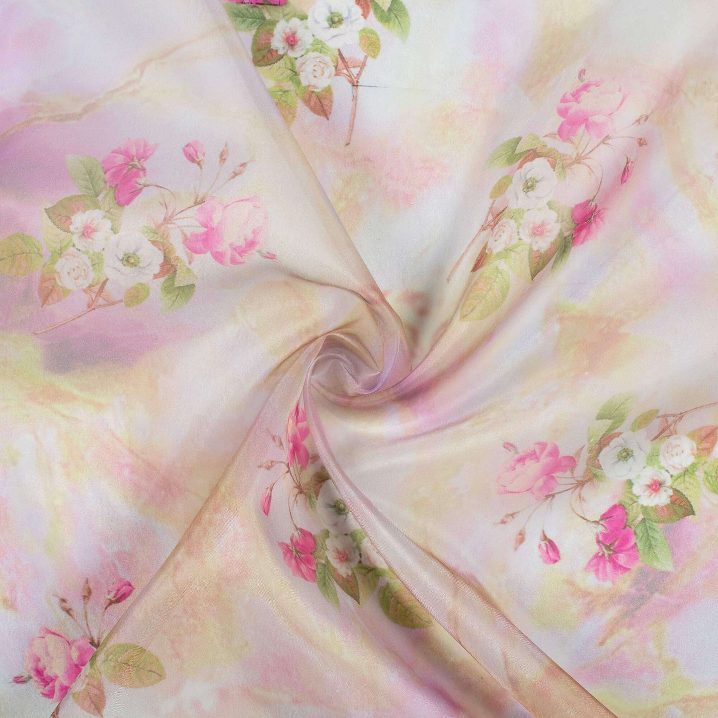 Pink And Yellow Marble Pattern Digital Print Premium Organza Fabric - Fabcurate