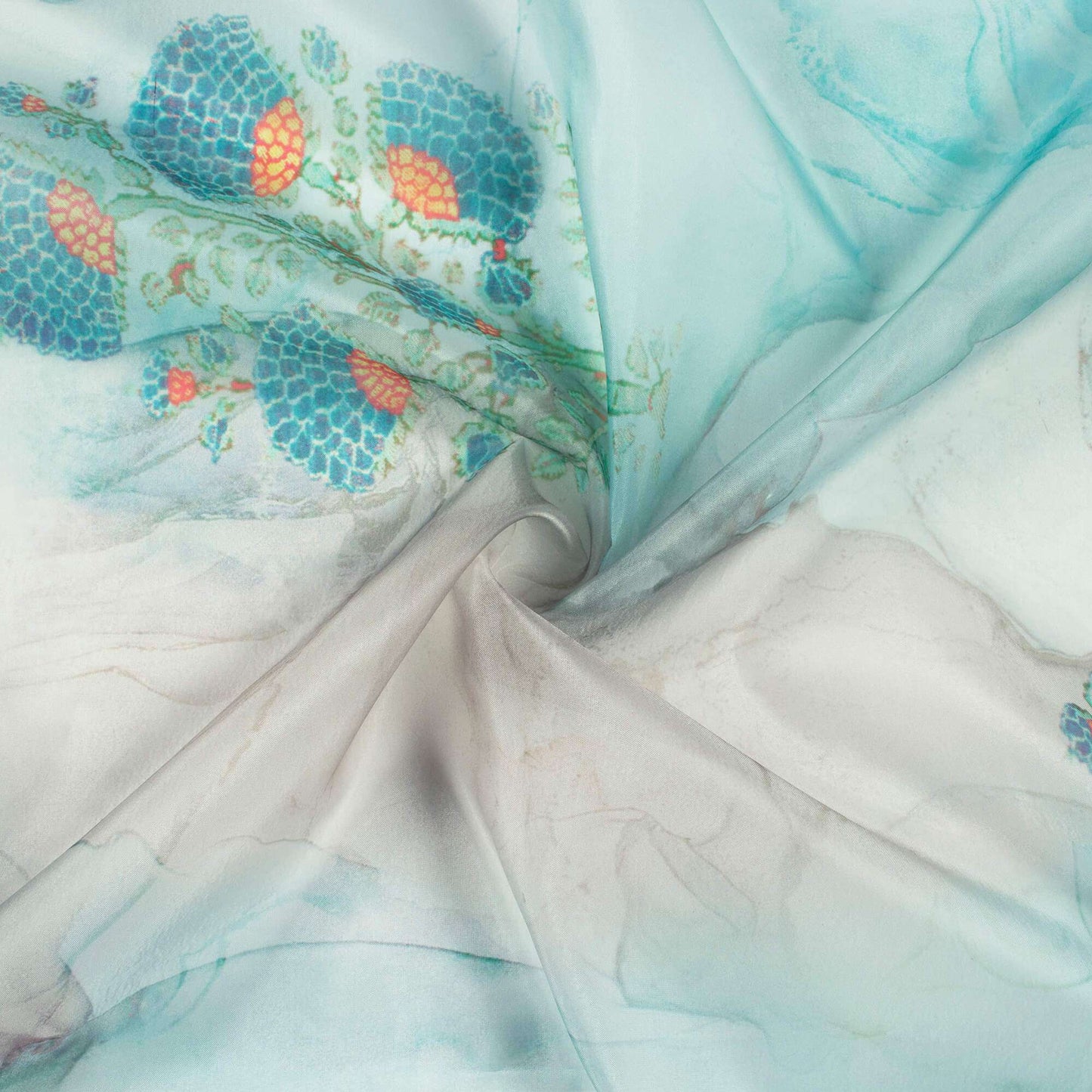 Pale Turquoise Blue And Yellow Marble Pattern Digital Print Premium Organza Fabric - Fabcurate