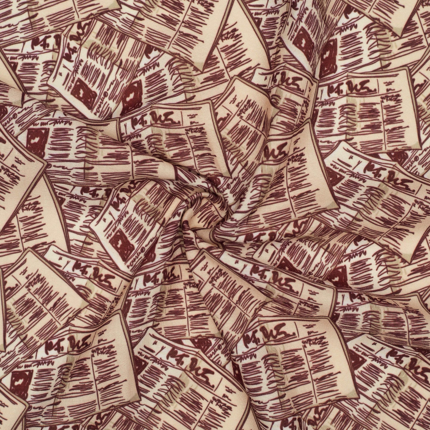 Maroon And Beige NewsPaper Pattern Digital Print Rayon Fabric - Fabcurate