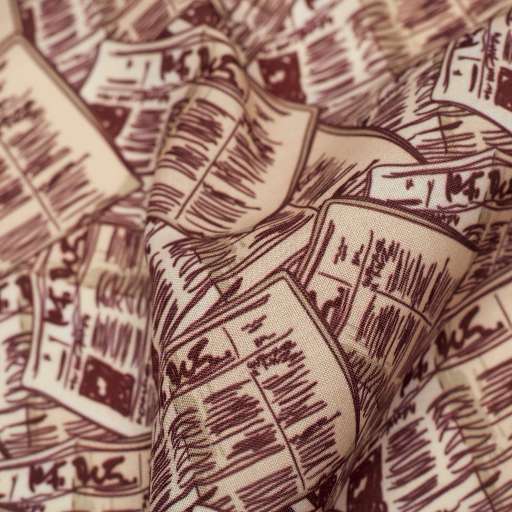 Maroon And Beige NewsPaper Pattern Digital Print Rayon Fabric - Fabcurate