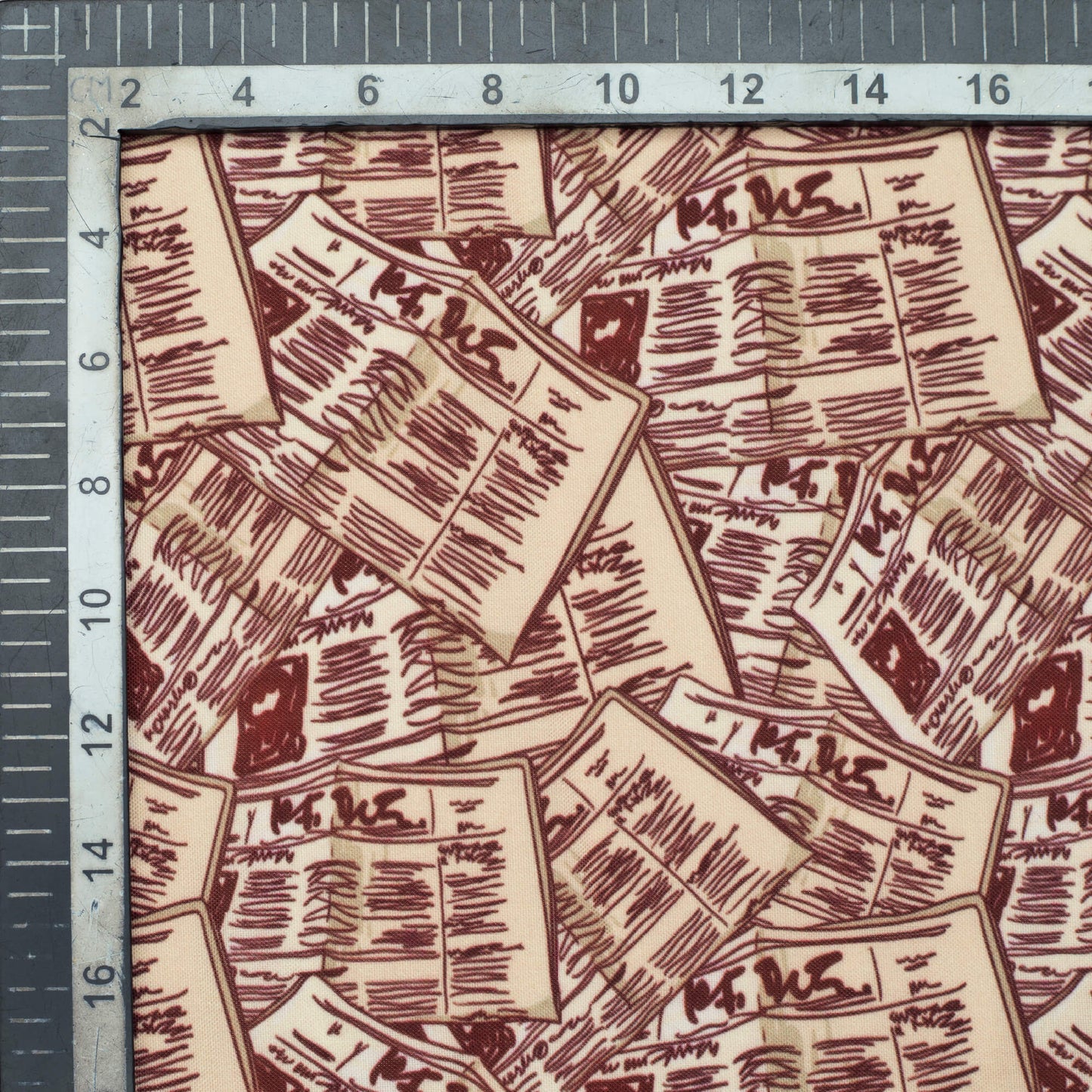 Maroon And Beige NewsPaper Pattern Digital Print Rayon Fabric - Fabcurate