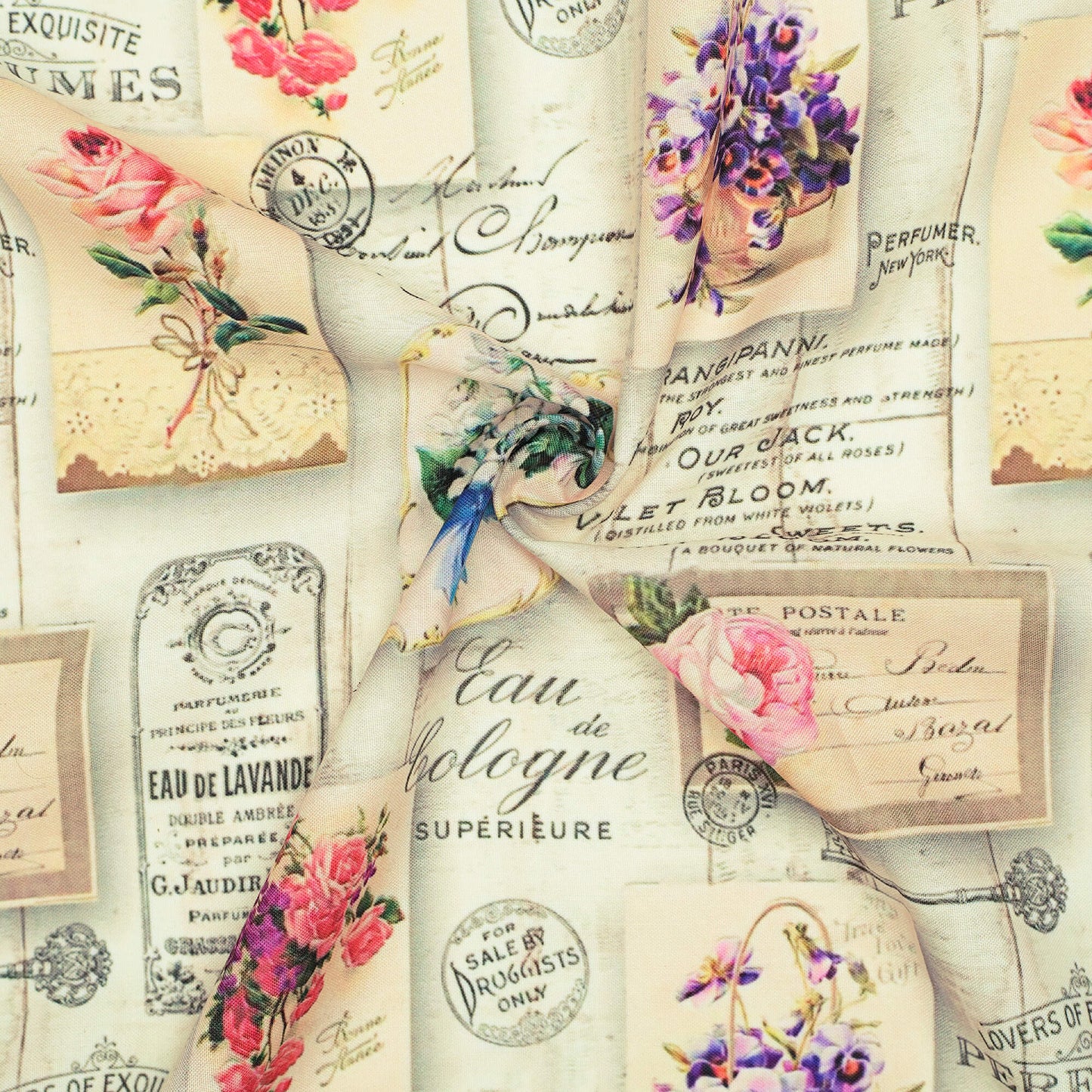 Ivory Cream And Pink Newspaper Pattern Digital Print Rayon Fabric - Fabcurate
