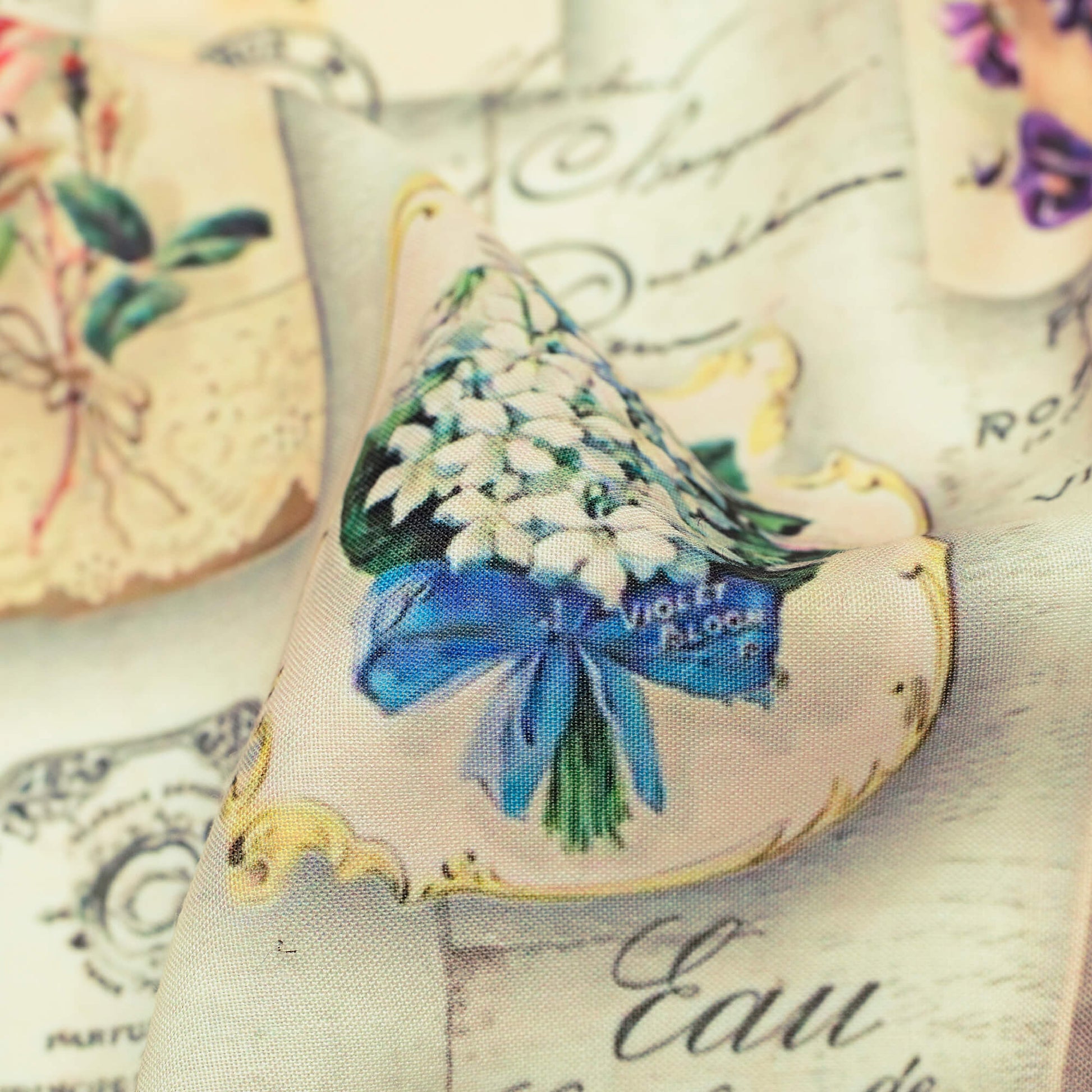 Ivory Cream And Pink Newspaper Pattern Digital Print Rayon Fabric - Fabcurate