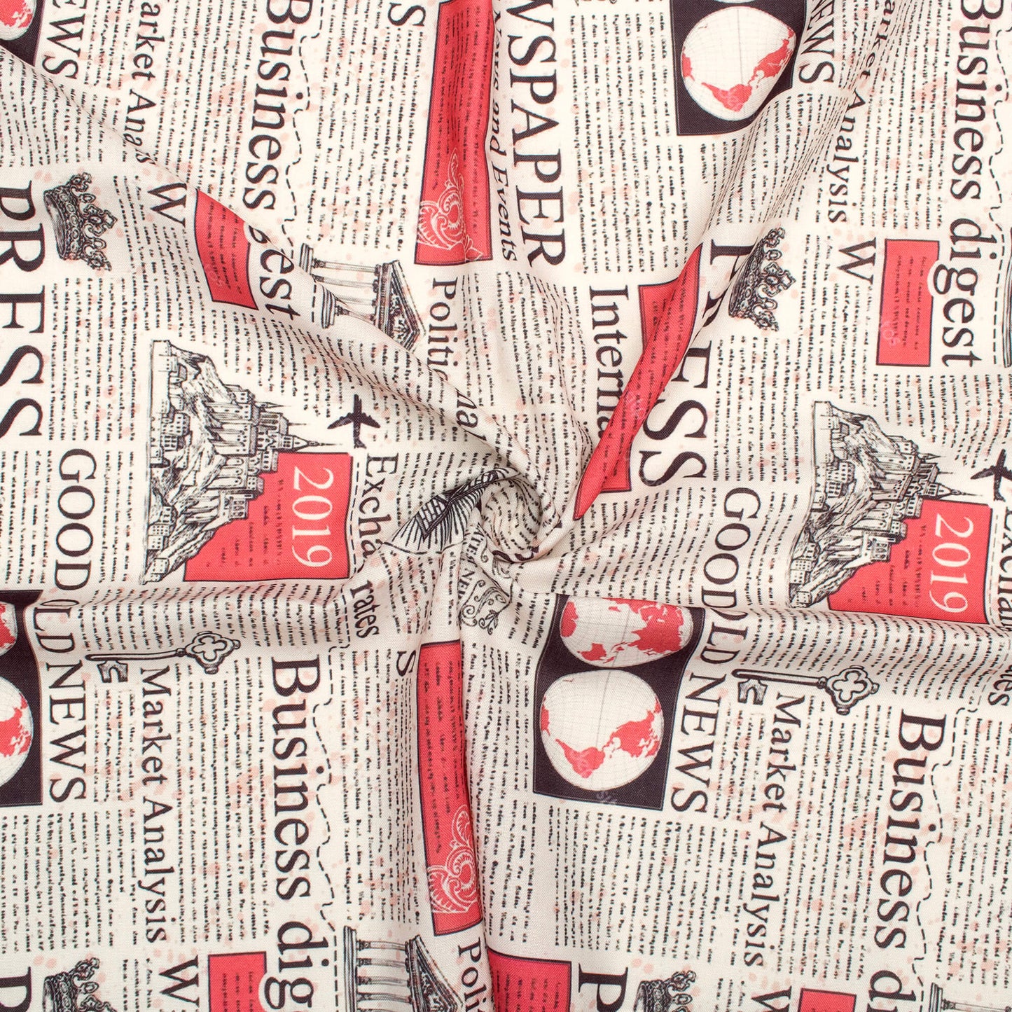 Ivory Cream And Red Newspaper Pattern Digital Print Rayon Fabric