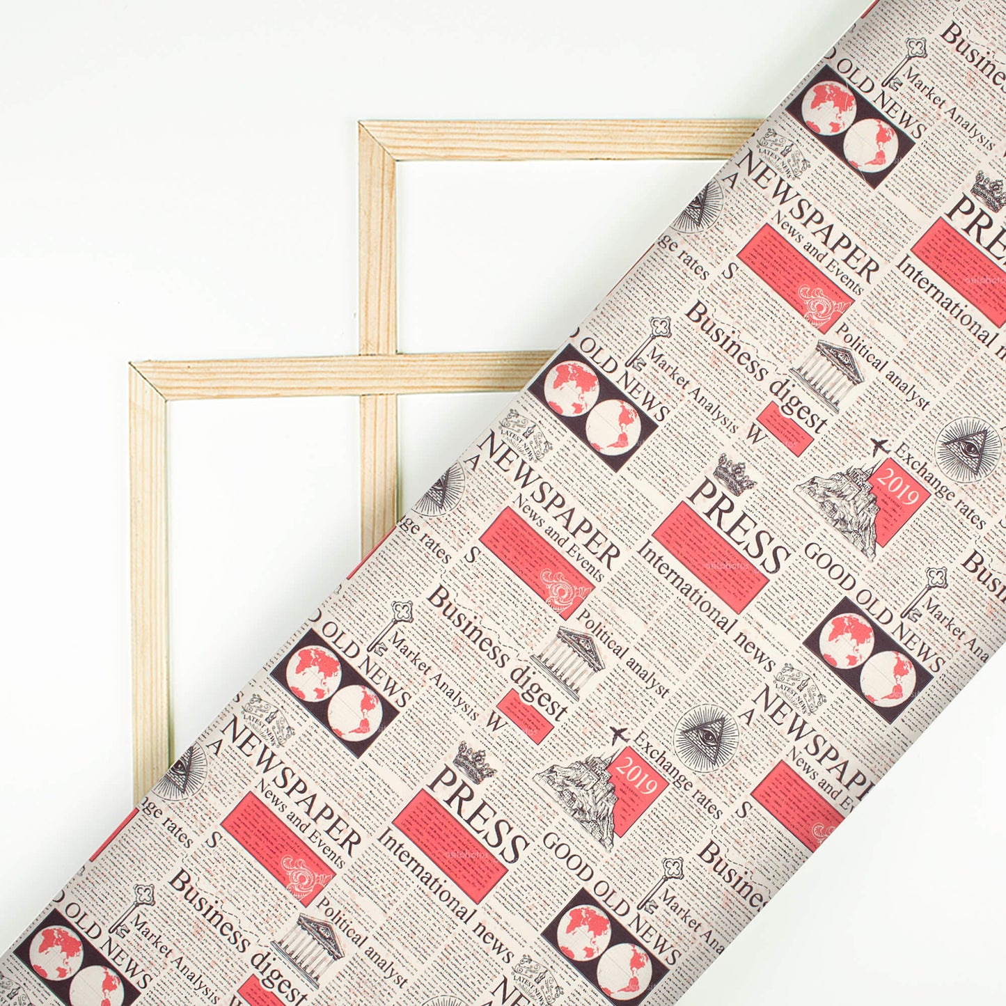 Ivory Cream And Red Newspaper Pattern Digital Print Rayon Fabric