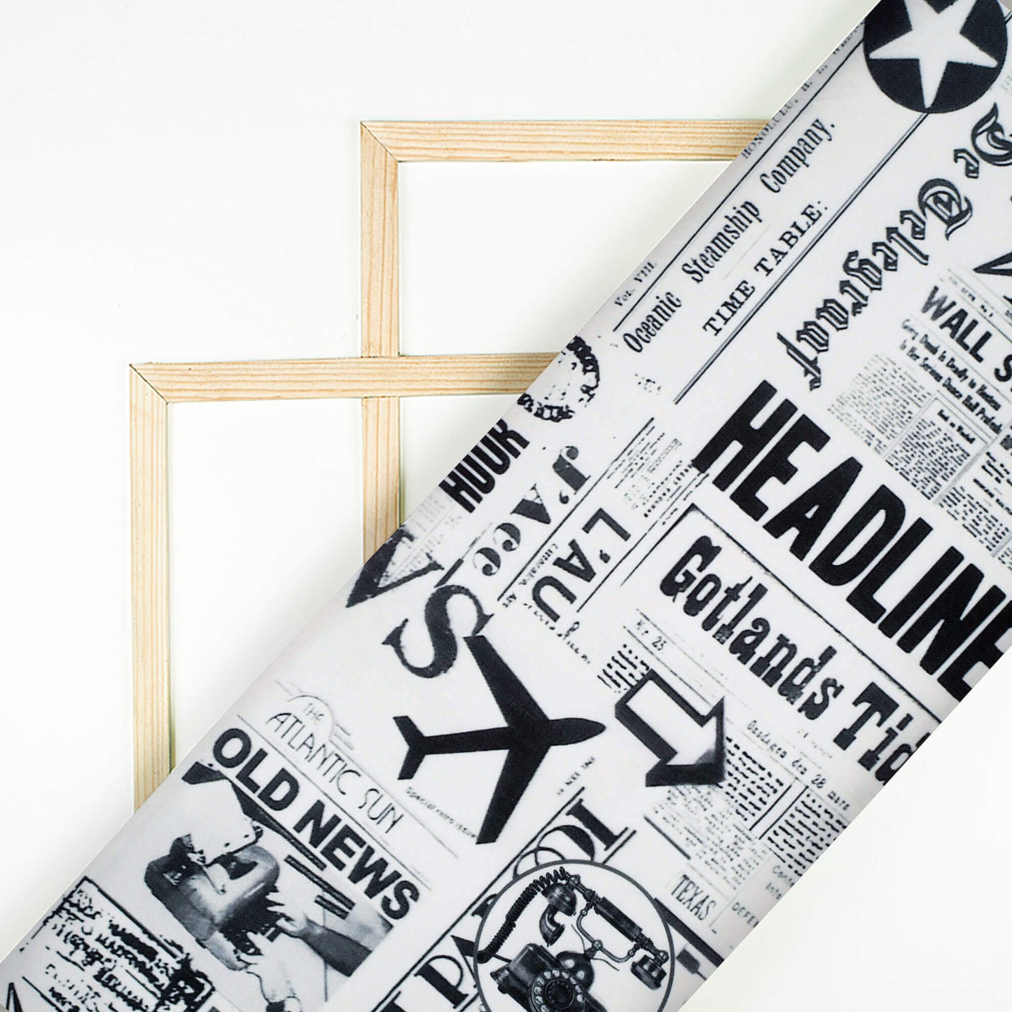 White And Black Newspaper Pattern Digital Print Rayon Fabric