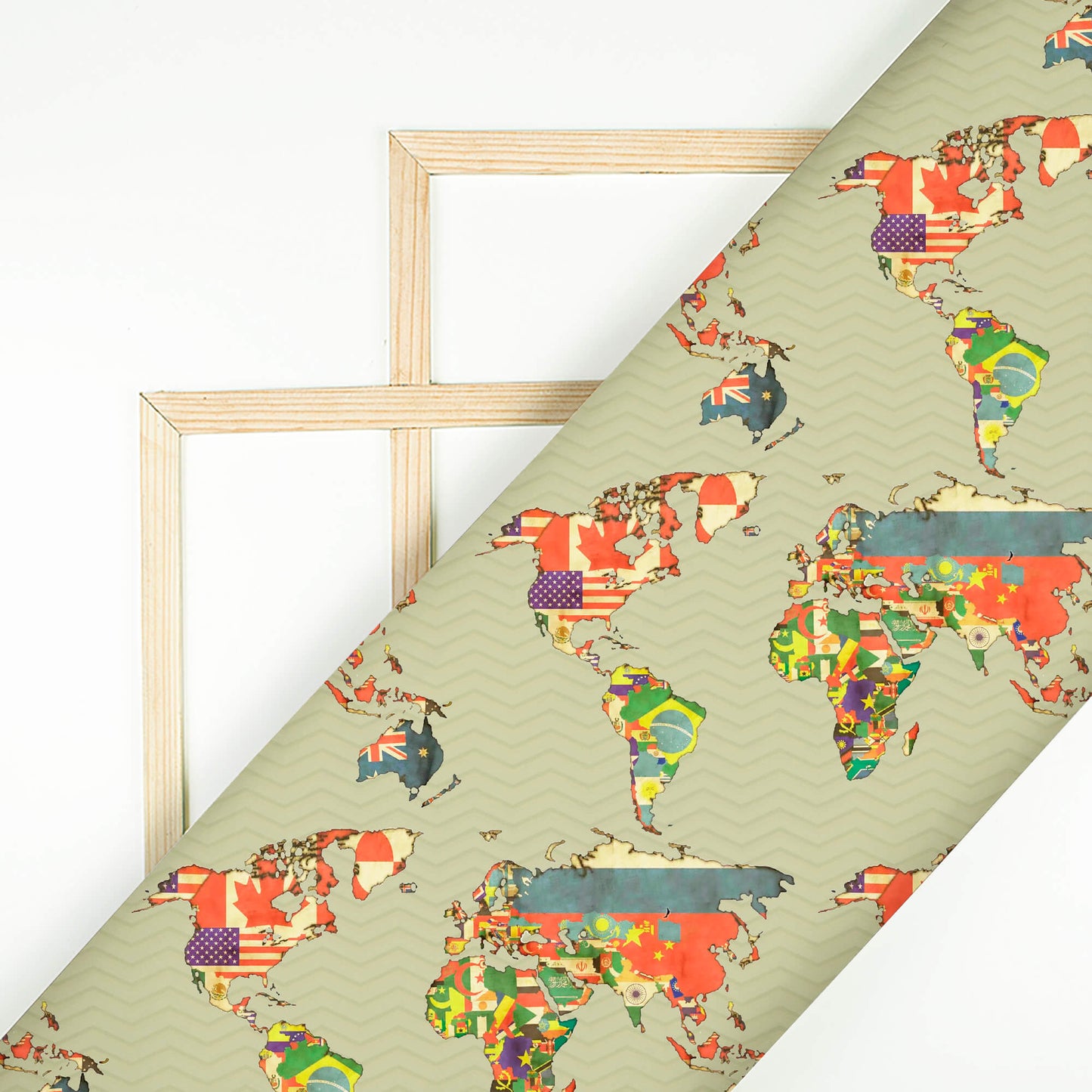 Sage Green And Orange Map Pattern Digital Print Ultra Premium Butter Crepe Fabric