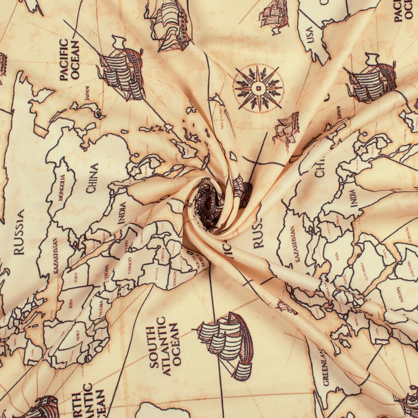 Beige Map Pattern Digital Print Ultra Premium Butter Crepe Fabric