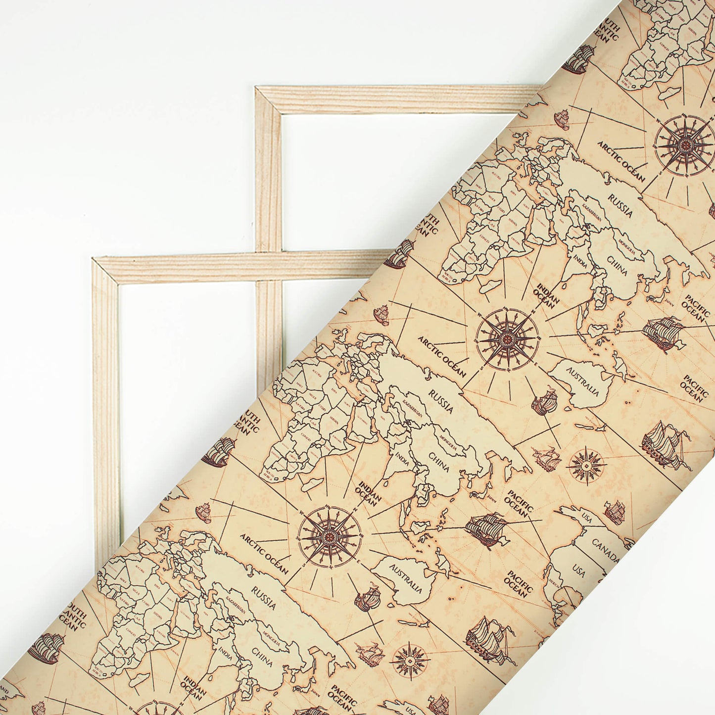 Beige Map Pattern Digital Print Ultra Premium Butter Crepe Fabric