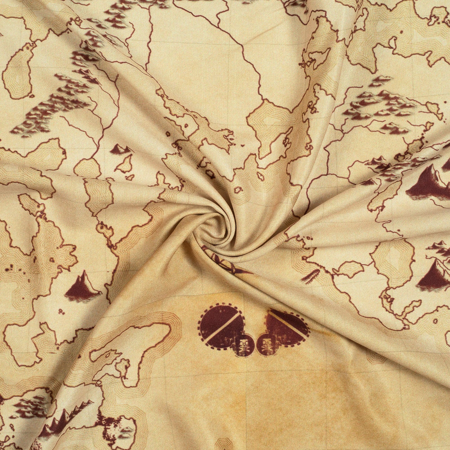 Beige And Brown Map Pattern Digital Print Ultra Premium Butter Crepe Fabric