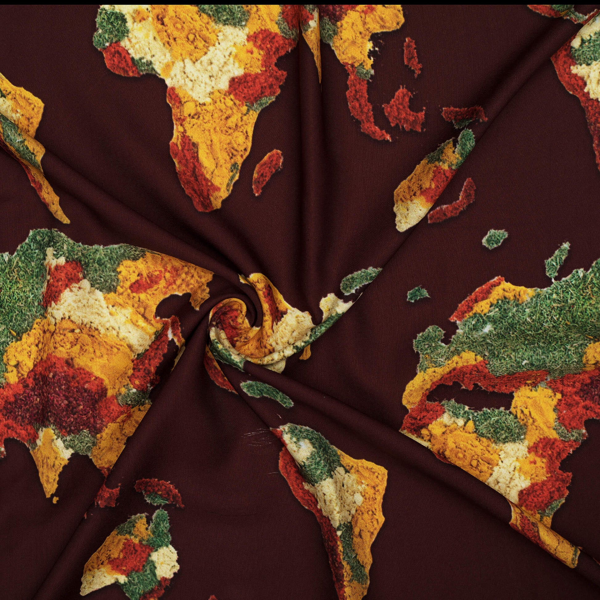 Cocoa Brown And Musterd Yellow Map Pattern Digital Print Ultra Premium Butter Crepe Fabric - Fabcurate