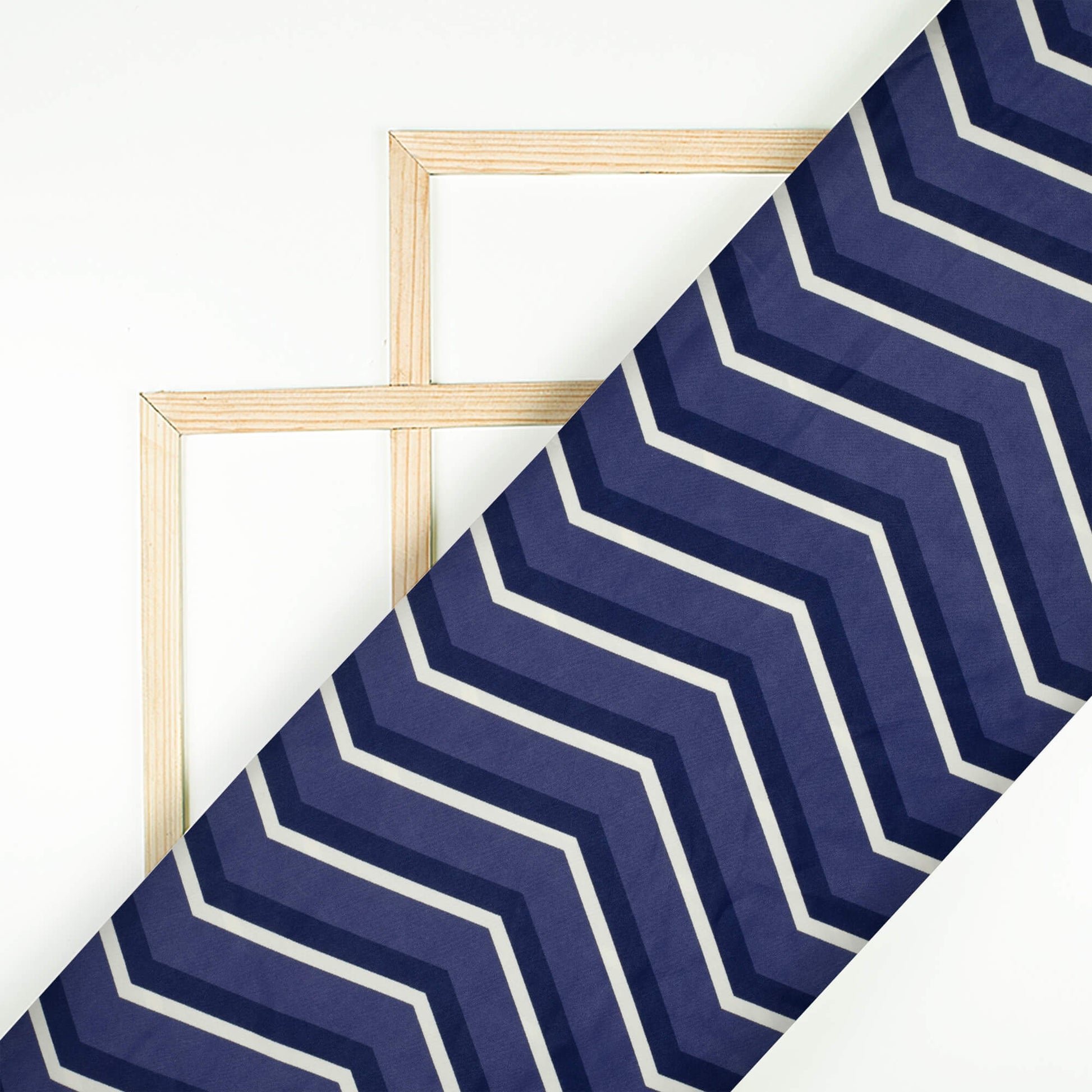 Prussian Blue And Cream Chevron Pattern Digital Print Ultra Premium Butter Crepe Fabric - Fabcurate