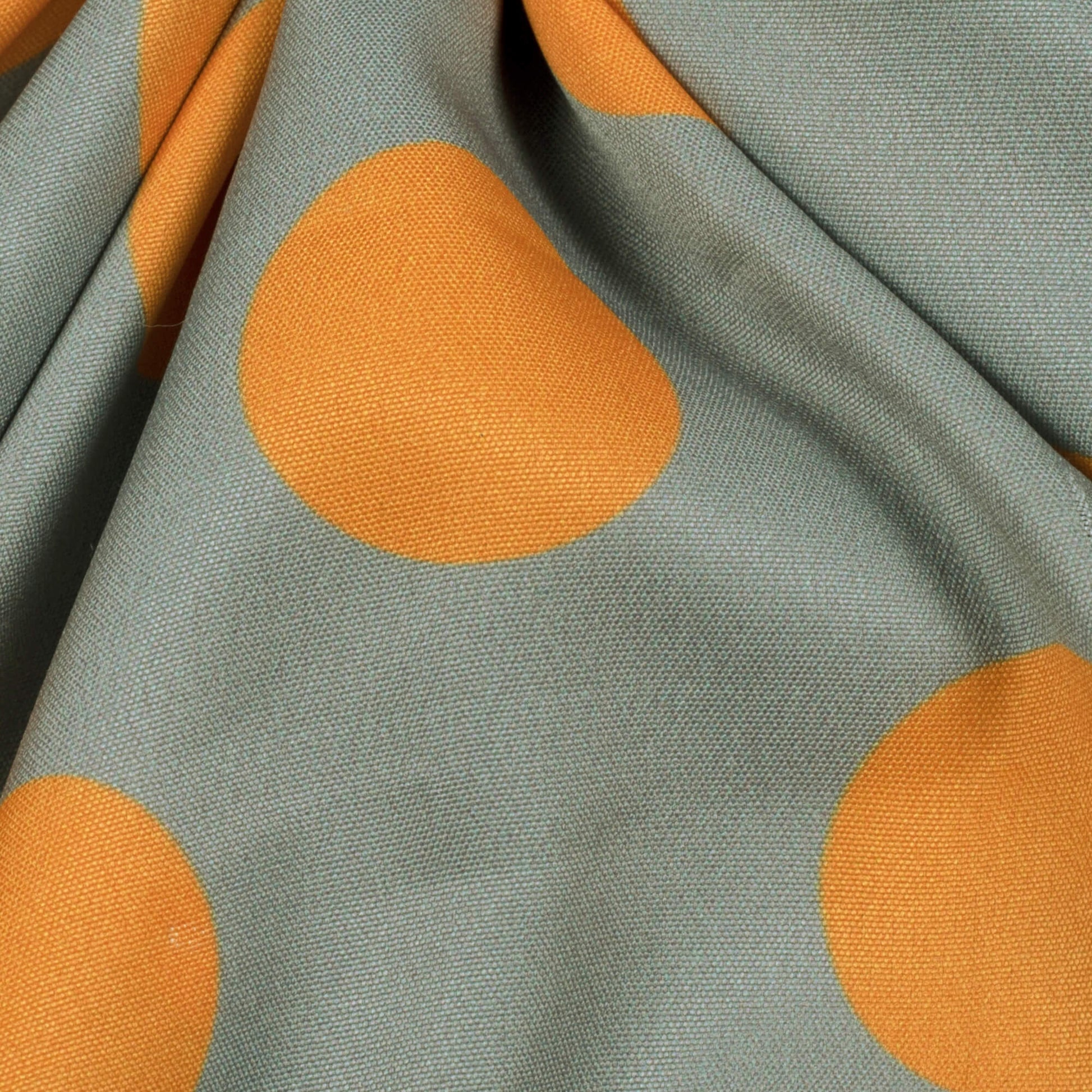 Grey And Orange Polka Dots Pattern Digital Print Ultra Premium Butter Crepe Fabric - Fabcurate