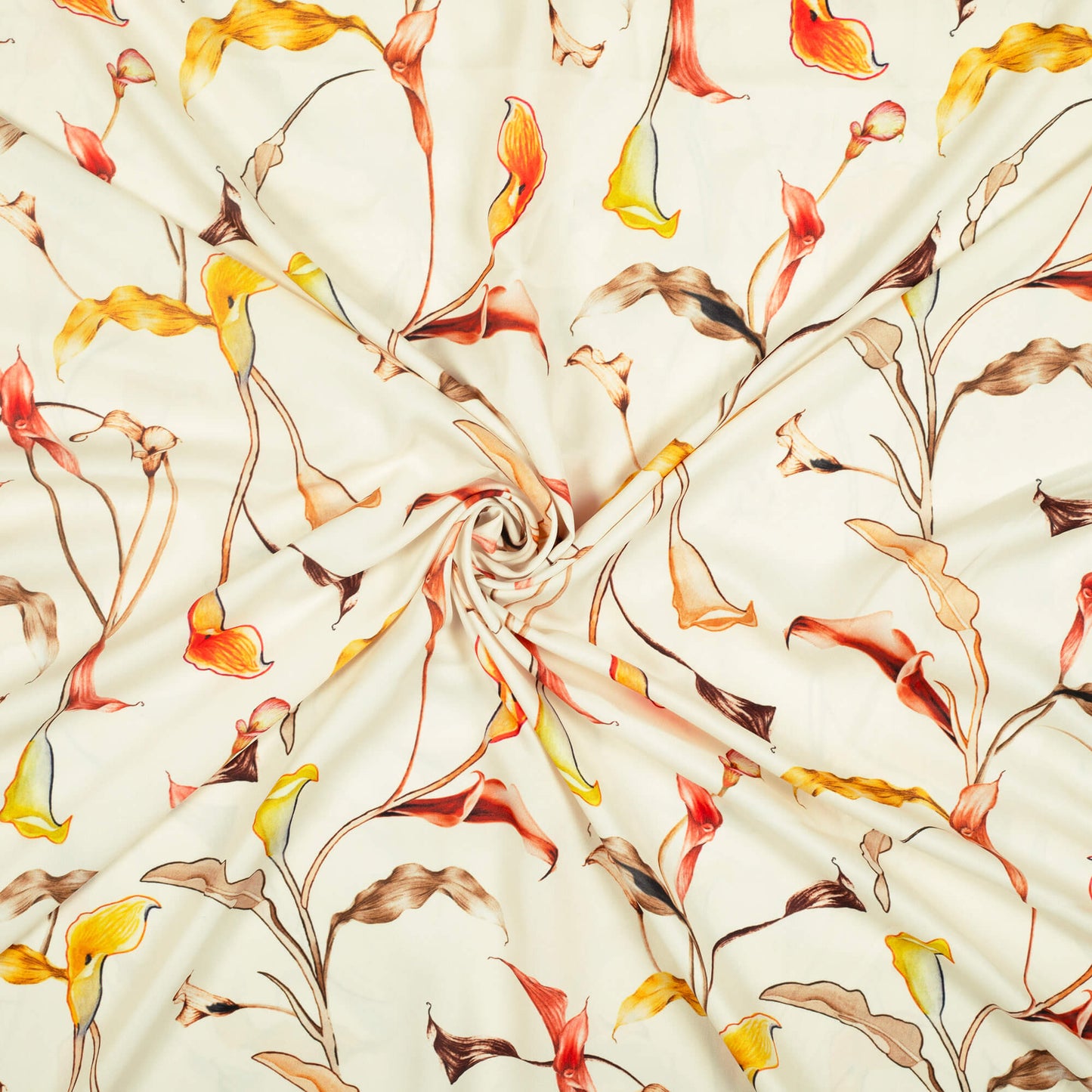 Oyster Cream And Orange Leaf Pattern Digital Print Ultra Premium Butter Crepe Fabric