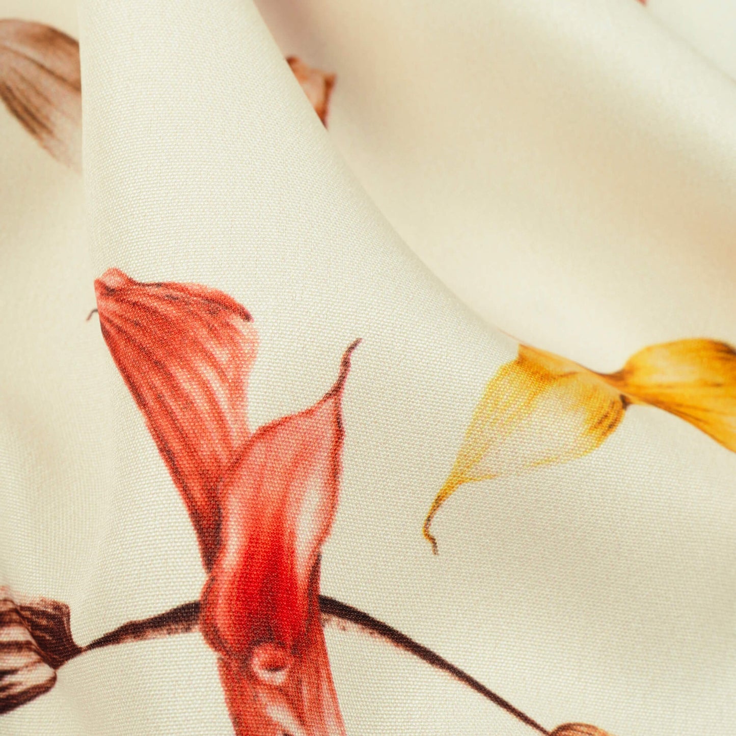 Oyster Cream And Orange Leaf Pattern Digital Print Ultra Premium Butter Crepe Fabric