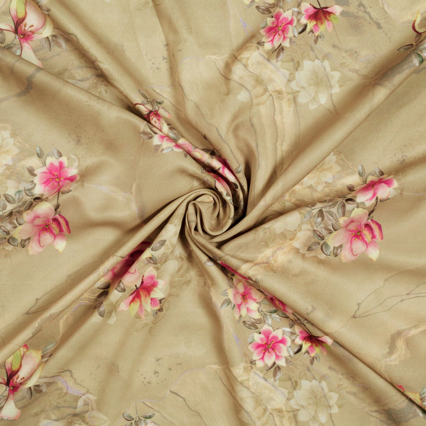 Beige And Pink Marble Pattern Digital Print Ultra Premium Butter Crepe Fabric - Fabcurate