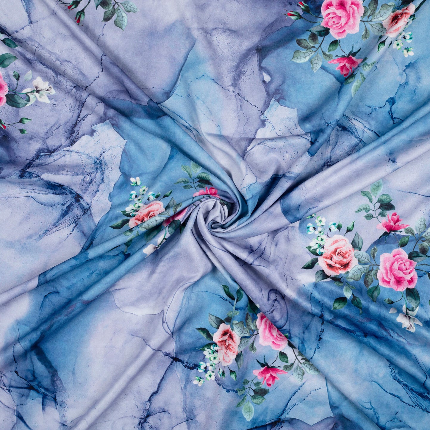 Blue And Pink Marble Pattern Digital Print Ultra Premium Butter Crepe Fabric - Fabcurate