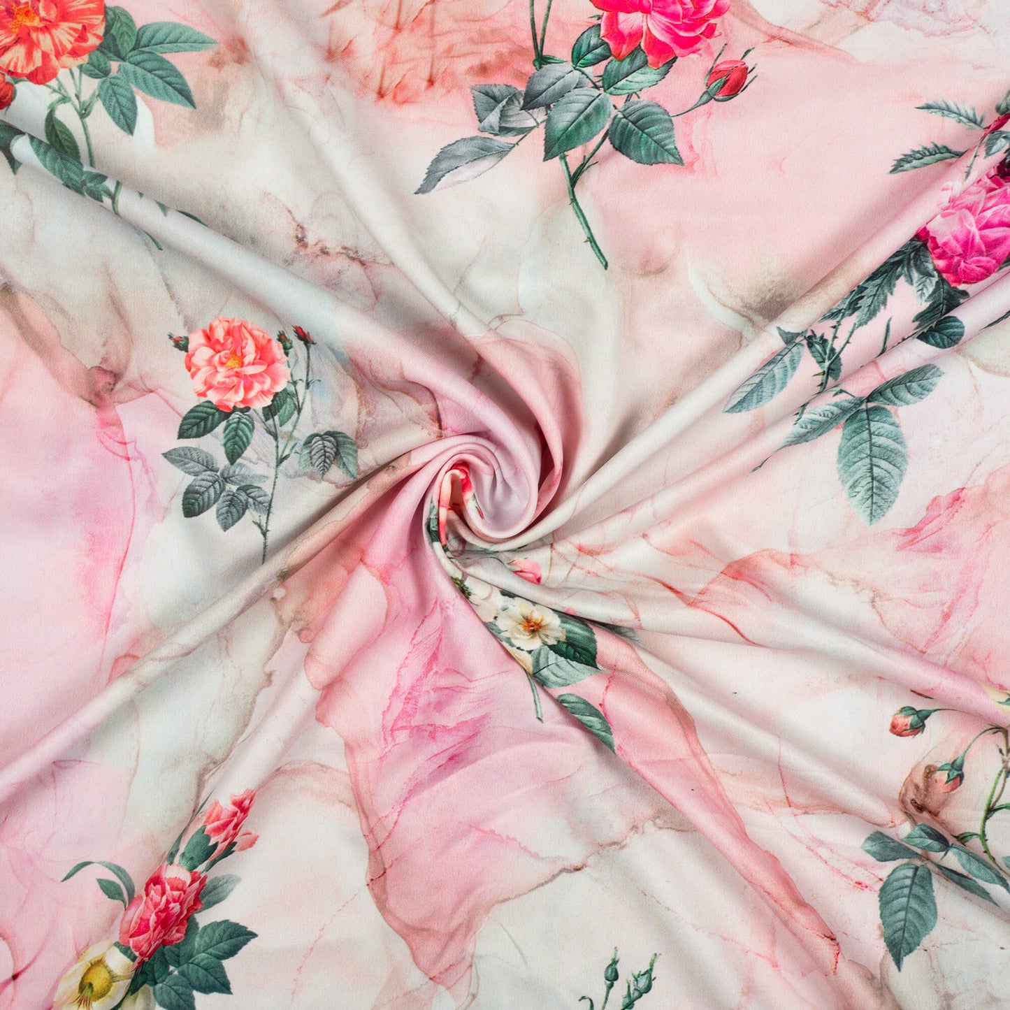 Baby Pink And Green Marble Pattern Digital Print Ultra Premium Butter Crepe Fabric - Fabcurate