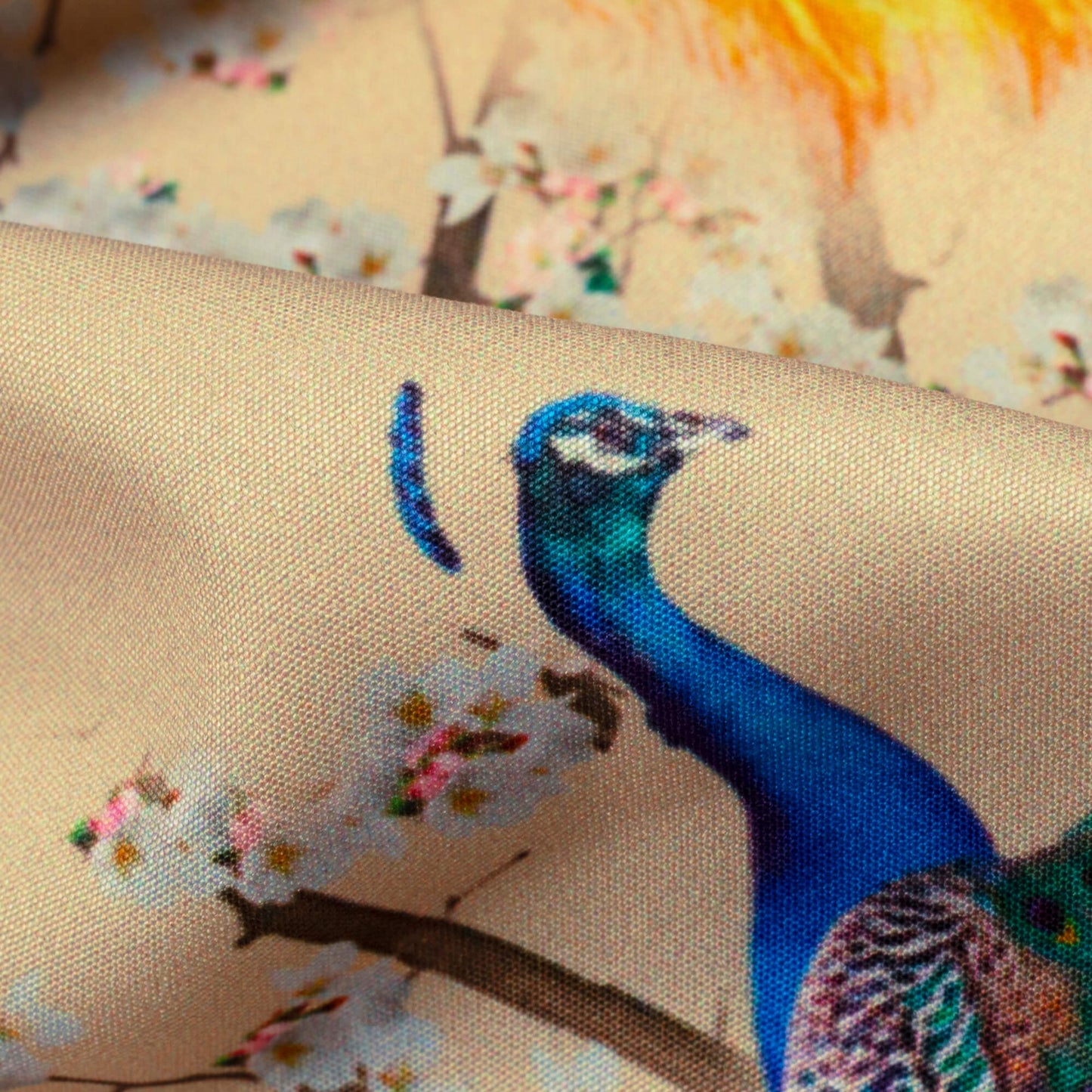 Oat Beige And Blue Peacock Feather Pattern Digital Print Ultra Premium Butter Crepe Fabric - Fabcurate