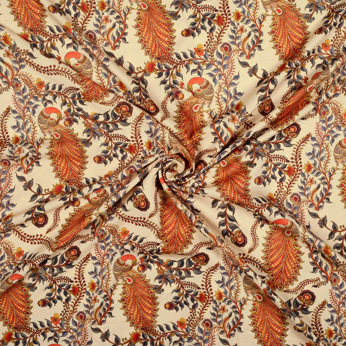 Ivory Cream And Orange Peacock Feather Pattern Digital Print Ultra Premium Butter Crepe Fabric - Fabcurate