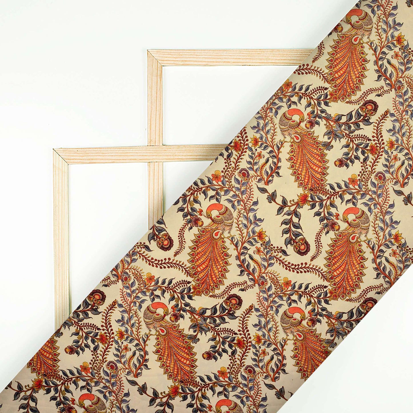 Ivory Cream And Orange Peacock Feather Pattern Digital Print Ultra Premium Butter Crepe Fabric - Fabcurate