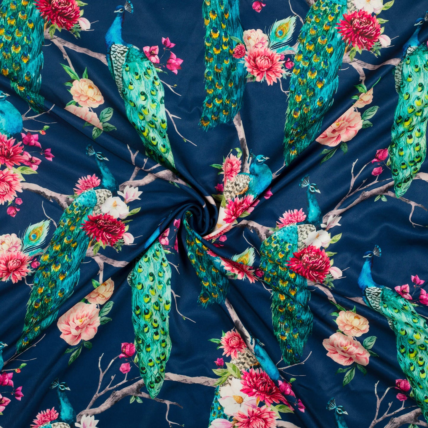 Prussian Blue And Pink Peacock Feather Pattern Digital Print Ultra Premium Butter Crepe Fabric