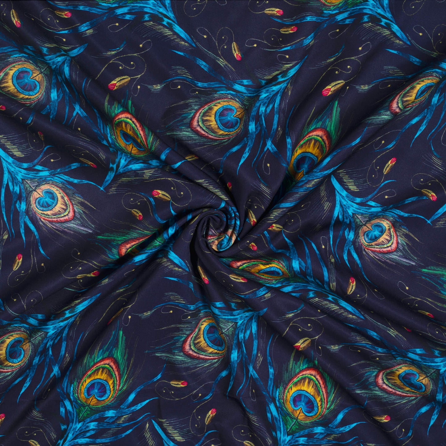 Navy Blue And Yellow Peacock Feather Pattern Digital Print Ultra Premium Butter Crepe Fabric - Fabcurate