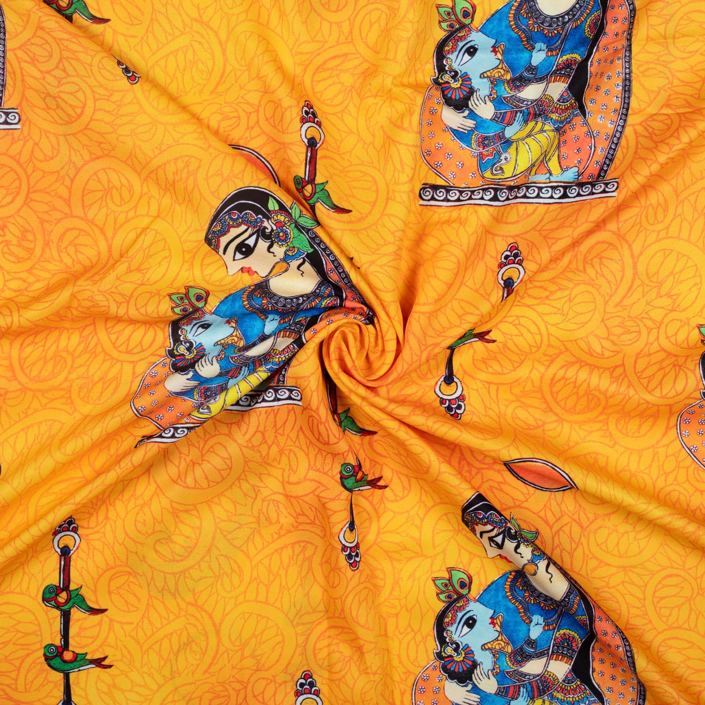 Honey Yellow And Blue Madhubani Pattern Digital Print Ultra Premium Butter Crepe Fabric - Fabcurate