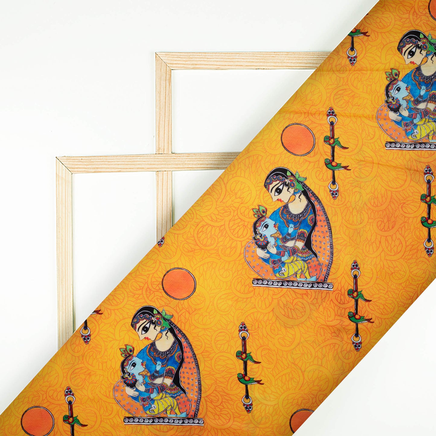Honey Yellow And Blue Madhubani Pattern Digital Print Ultra Premium Butter Crepe Fabric - Fabcurate