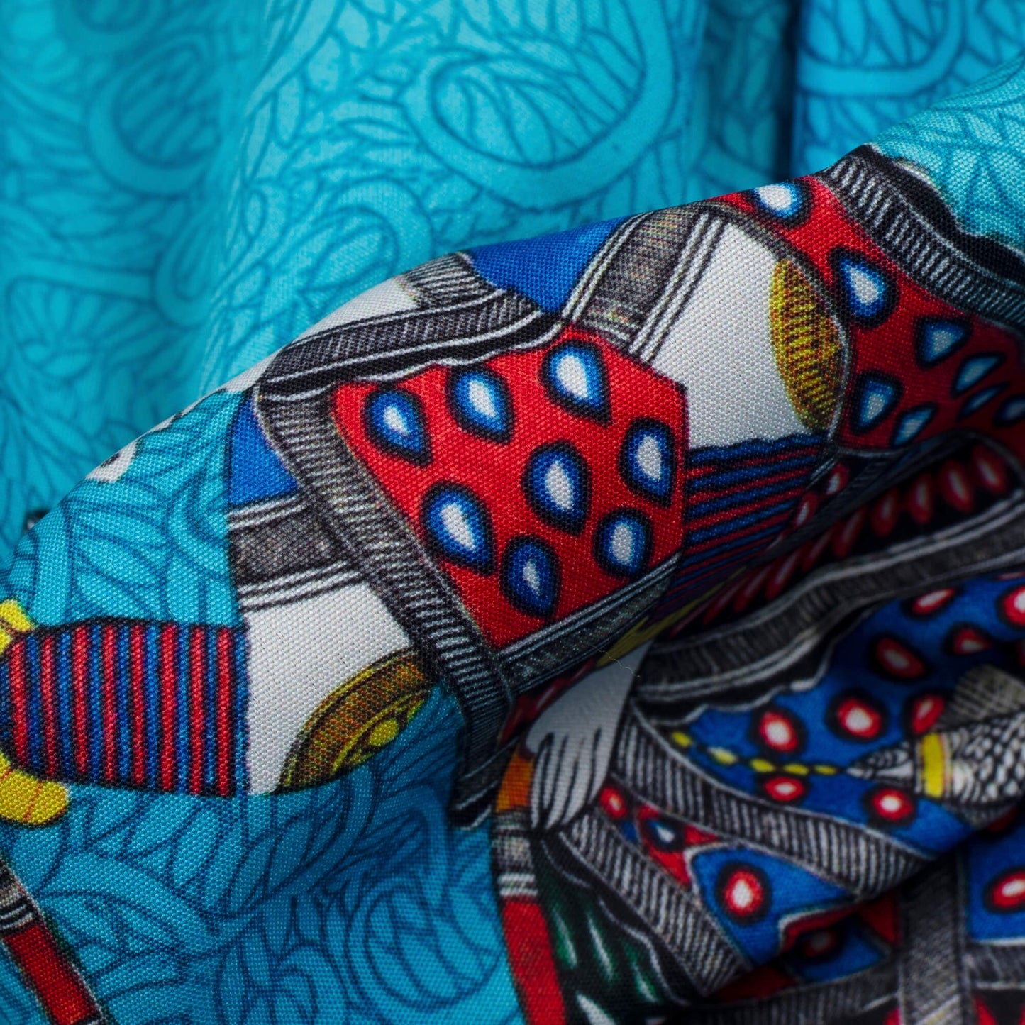 Maya Blue And Red Madhubani Pattern Digital Print Ultra Premium Butter Crepe Fabric - Fabcurate