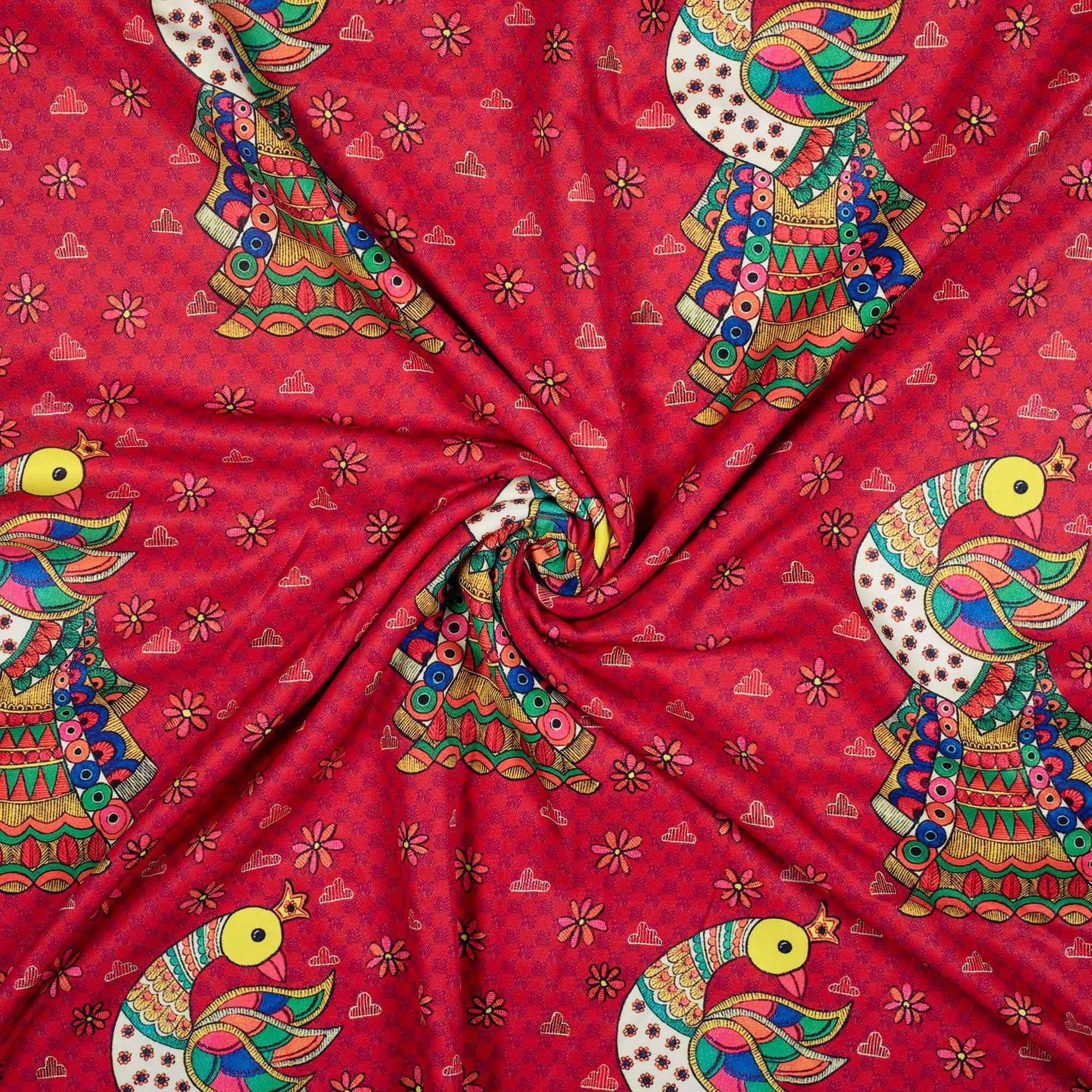 Red And Green Madhubani Pattern Digital Print Ultra Premium Butter Crepe Fabric - Fabcurate