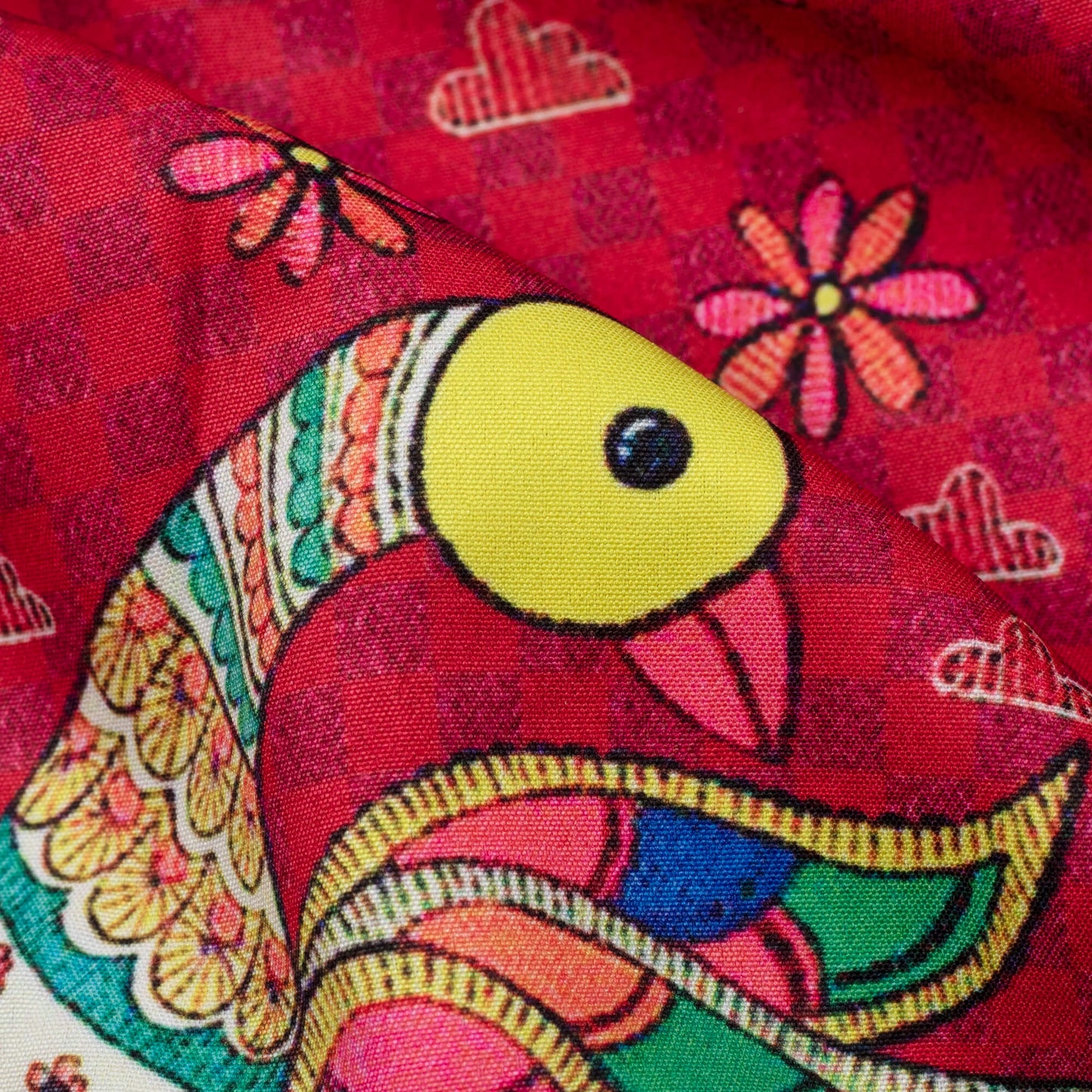 Red And Green Madhubani Pattern Digital Print Ultra Premium Butter Crepe Fabric - Fabcurate