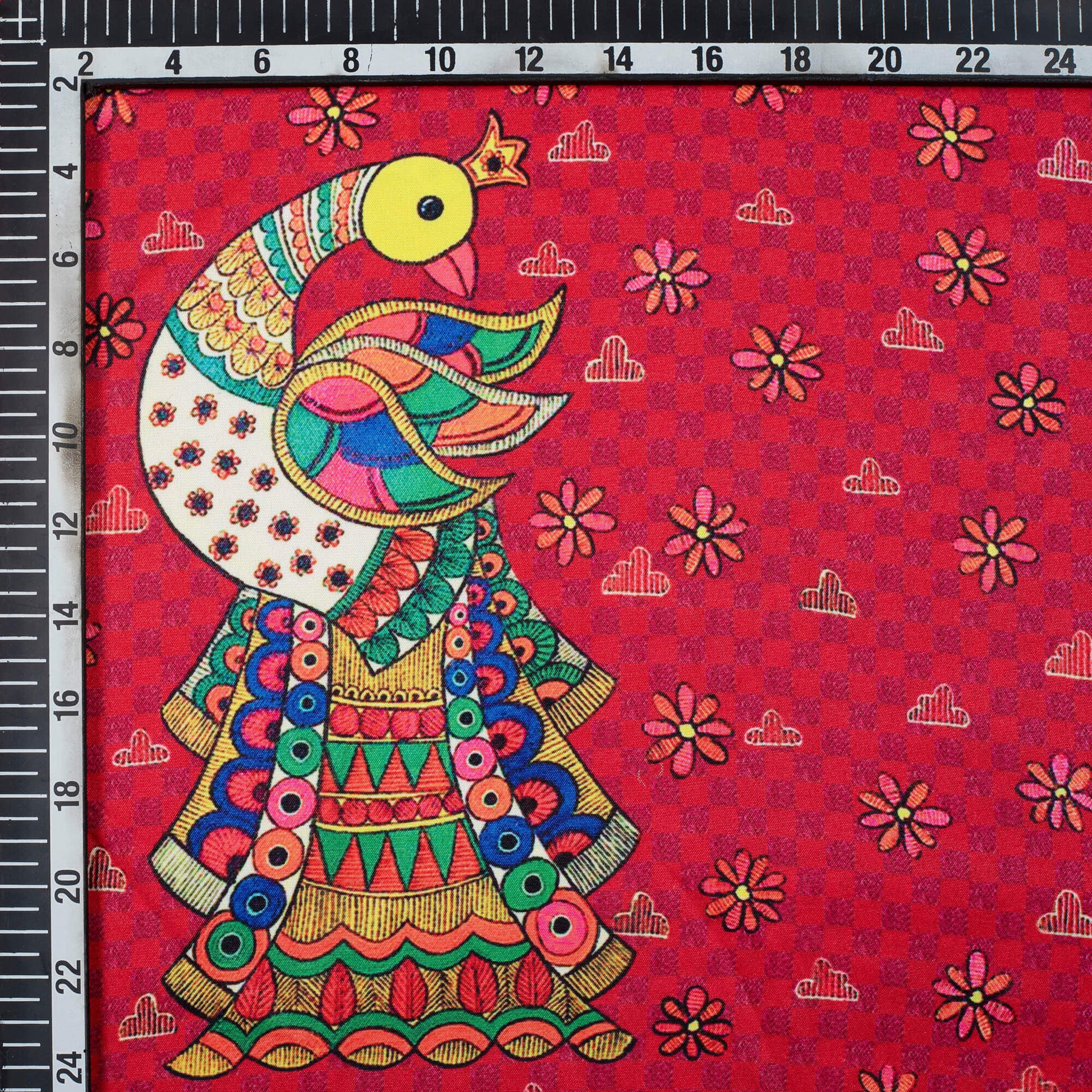 Red And Green Madhubani Pattern Digital Print Ultra Premium Butter Crepe Fabric - Fabcurate