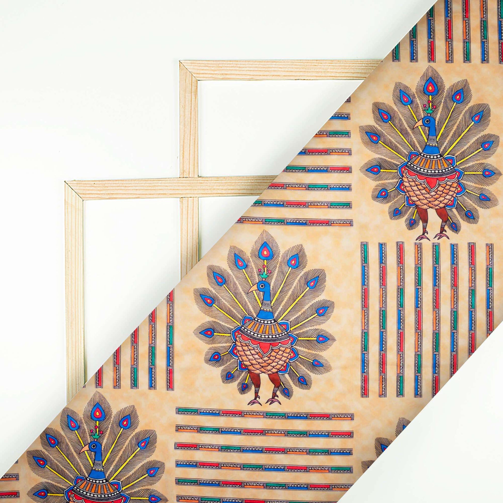 Oat Beige And Royal Blue Madhubani Pattern Digital Print Ultra Premium Butter Crepe Fabric - Fabcurate