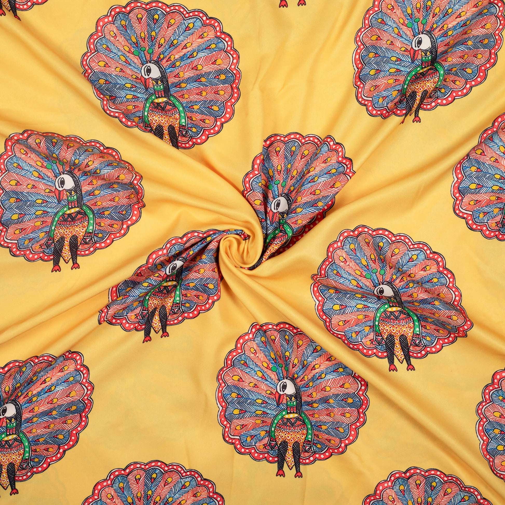 Royal Yellow And Red Madhubani Pattern Digital Print Ultra Premium Butter Crepe Fabric - Fabcurate