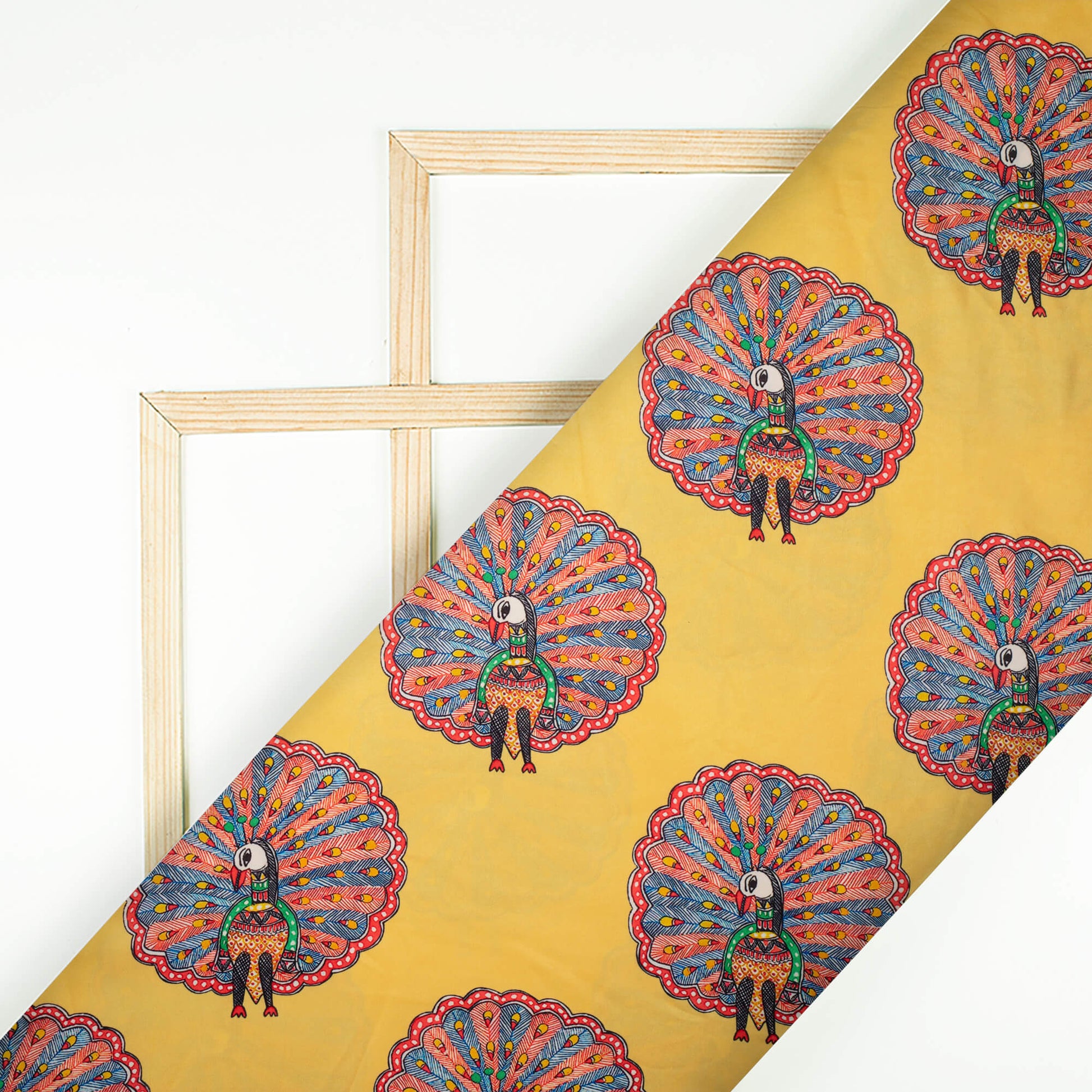 Royal Yellow And Red Madhubani Pattern Digital Print Ultra Premium Butter Crepe Fabric - Fabcurate