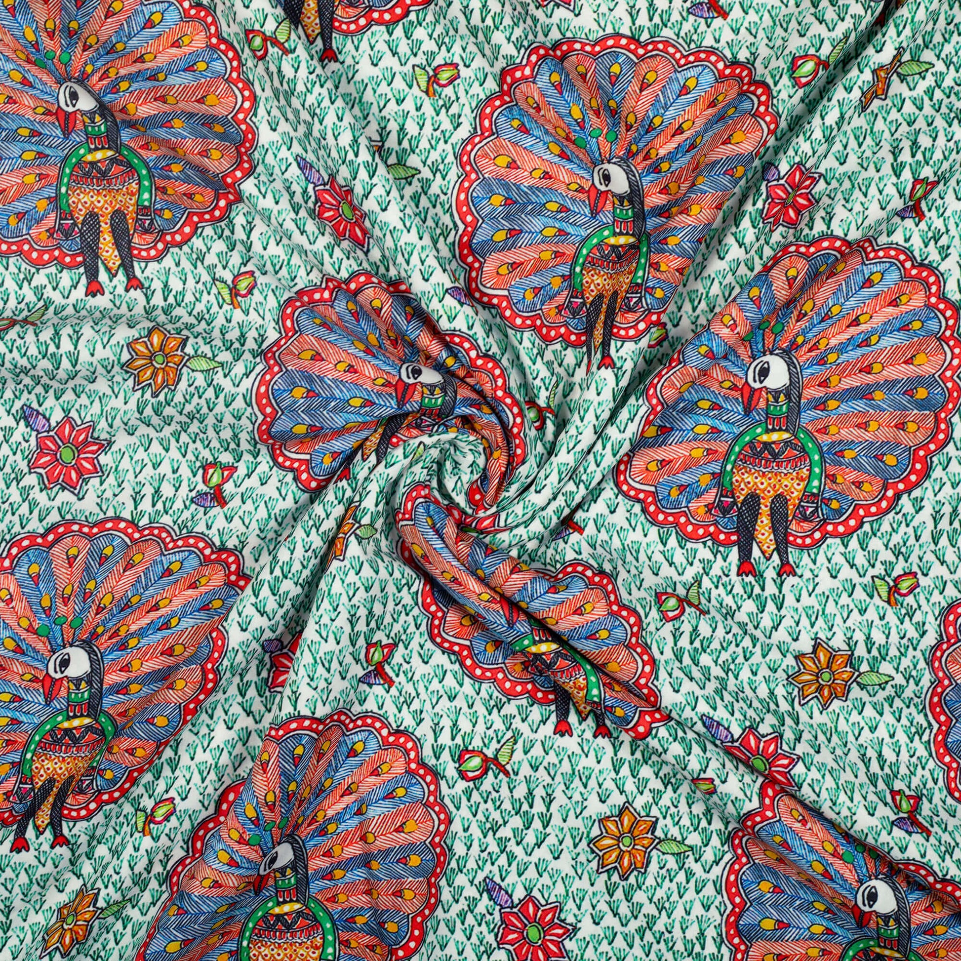 Green And Red Madhubani Pattern Digital Print Ultra Premium Butter Crepe Fabric - Fabcurate