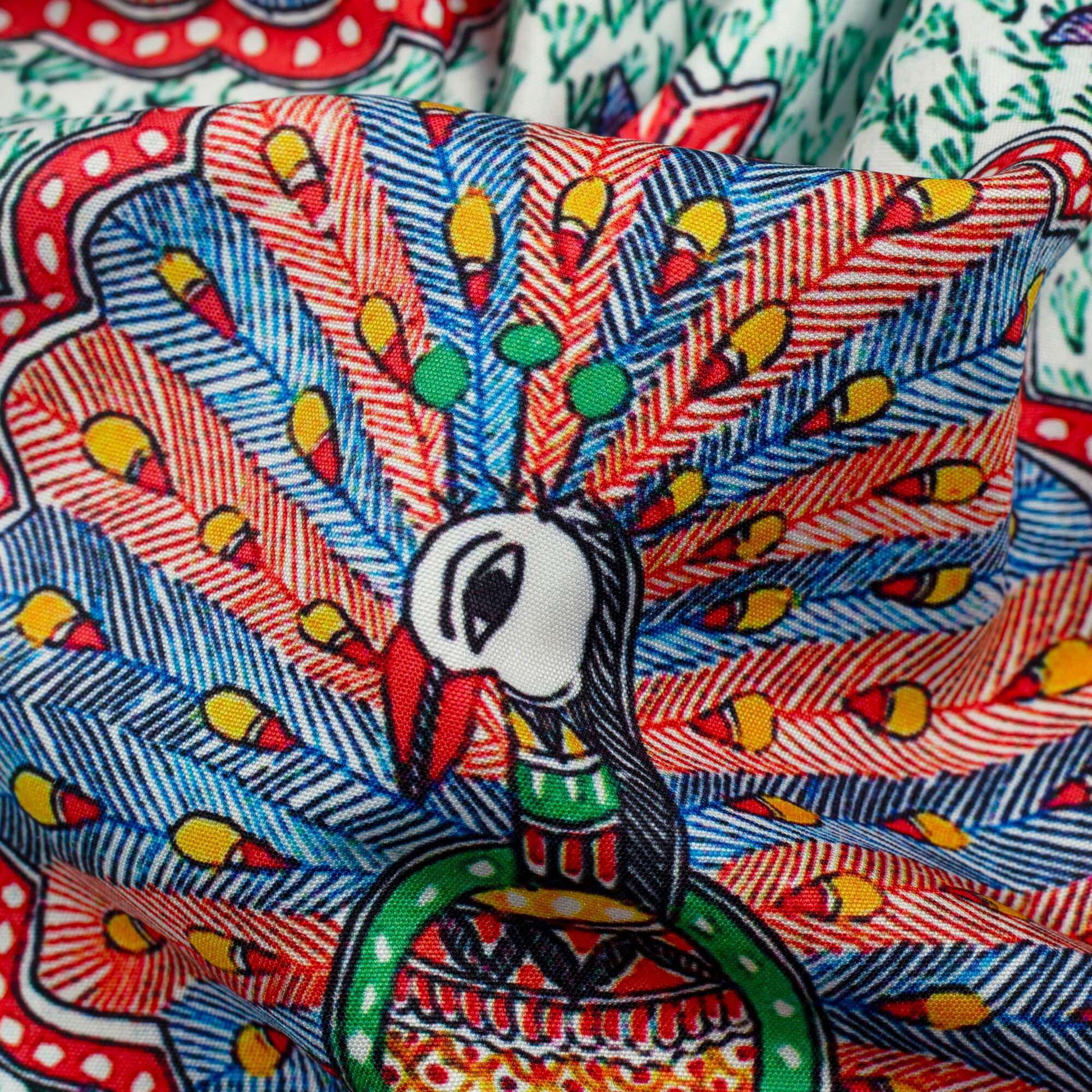 Green And Red Madhubani Pattern Digital Print Ultra Premium Butter Crepe Fabric - Fabcurate