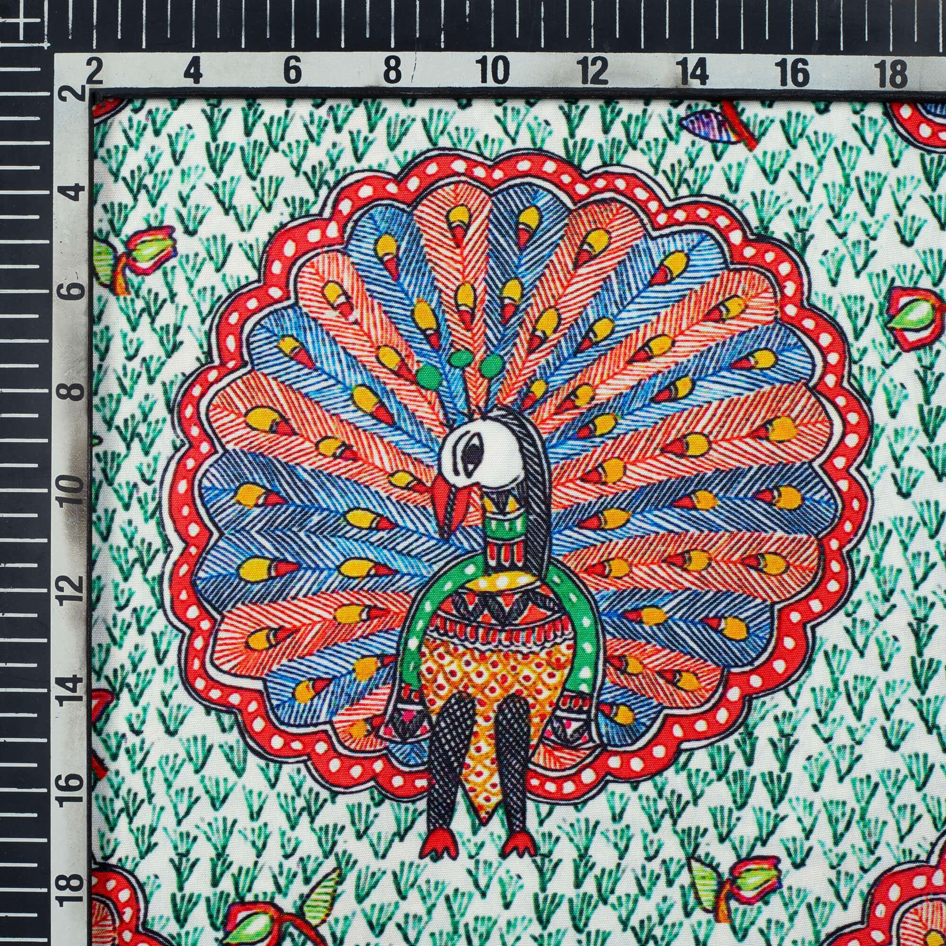 Green And Red Madhubani Pattern Digital Print Ultra Premium Butter Crepe Fabric - Fabcurate