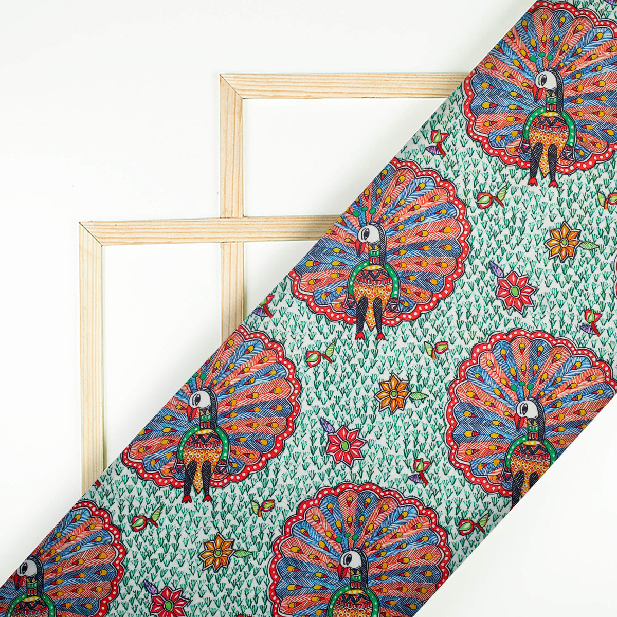 Green And Red Madhubani Pattern Digital Print Ultra Premium Butter Crepe Fabric - Fabcurate