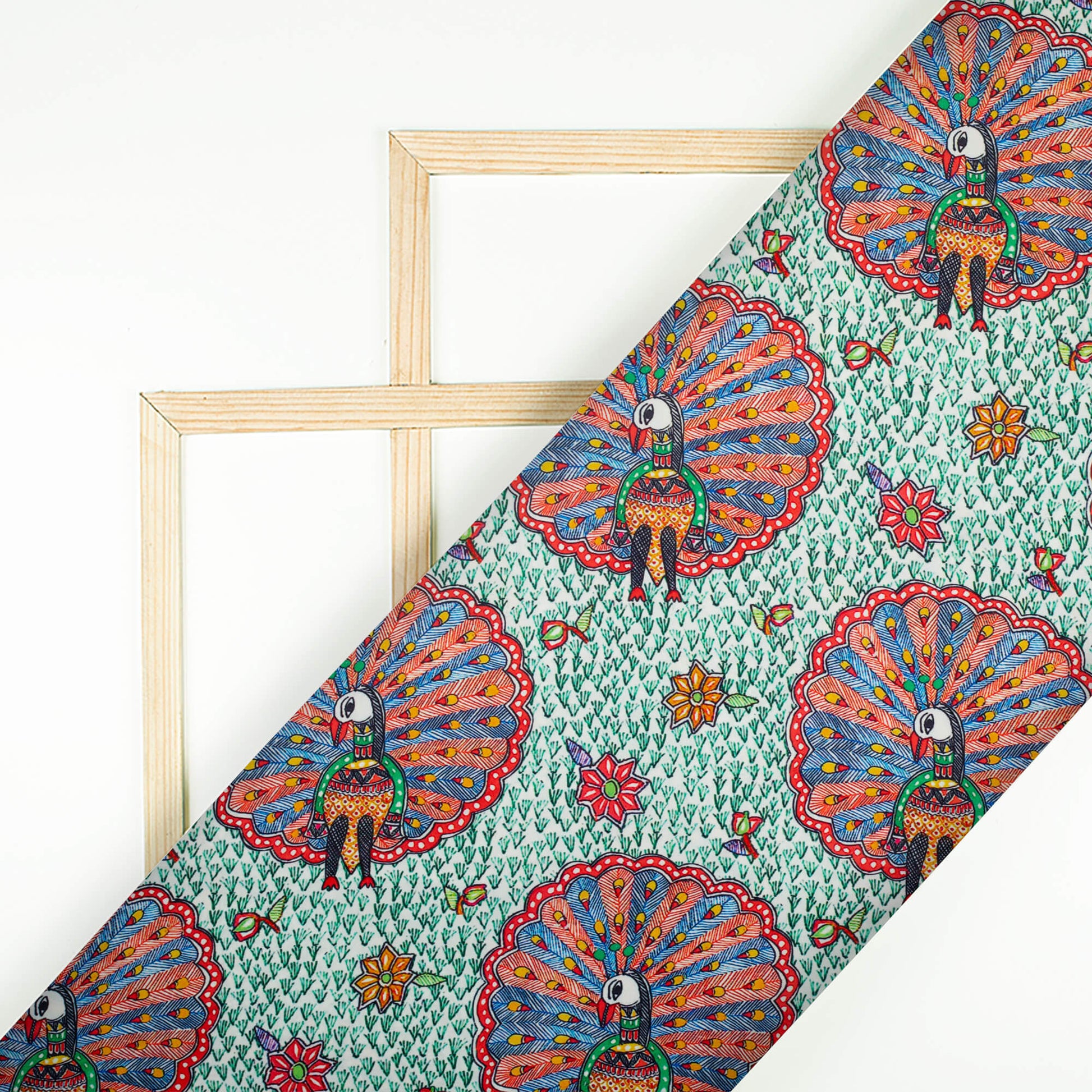 Green And Red Madhubani Pattern Digital Print Ultra Premium Butter Crepe Fabric - Fabcurate