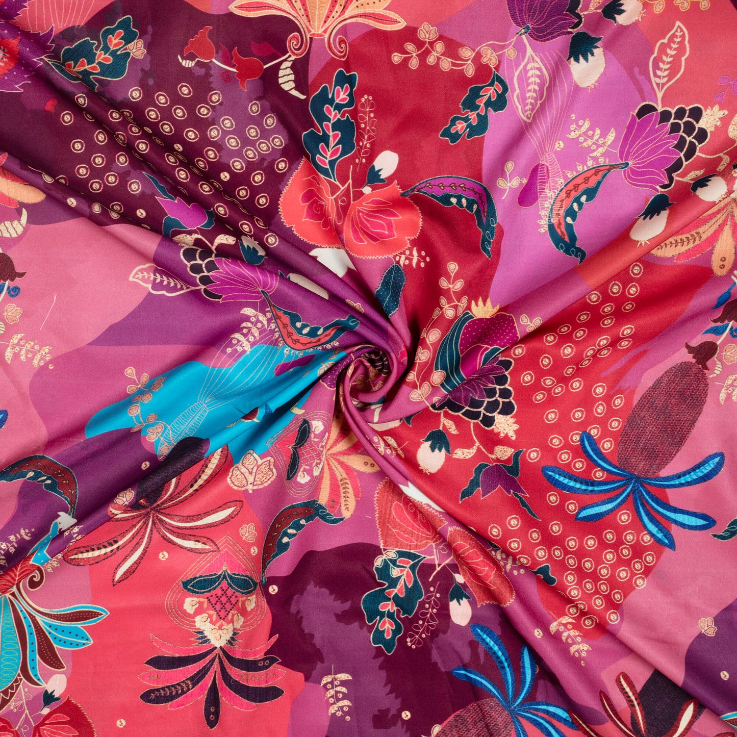 Purple And Red Madhubani Pattern Digital Print Ultra Premium Butter Crepe Fabric - Fabcurate