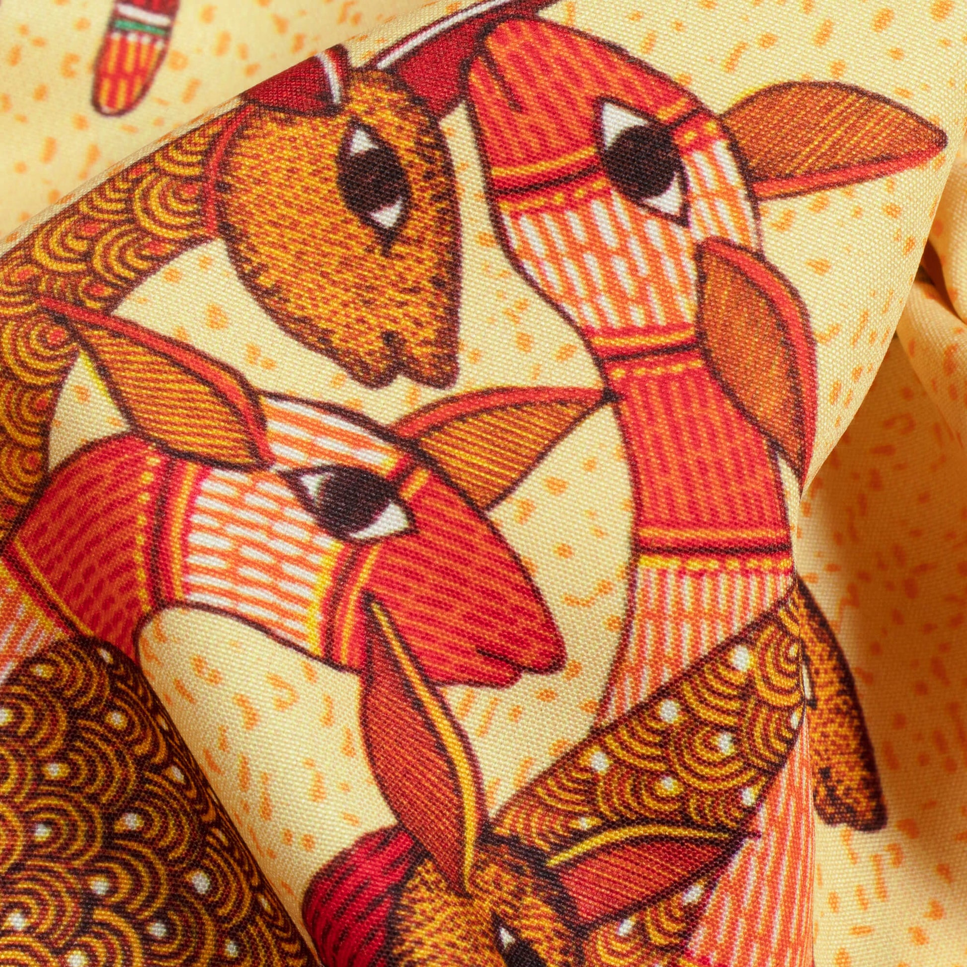 Royal Yellow And Brown Madhubani Pattern Digital Print Ultra Premium Butter Crepe Fabric - Fabcurate