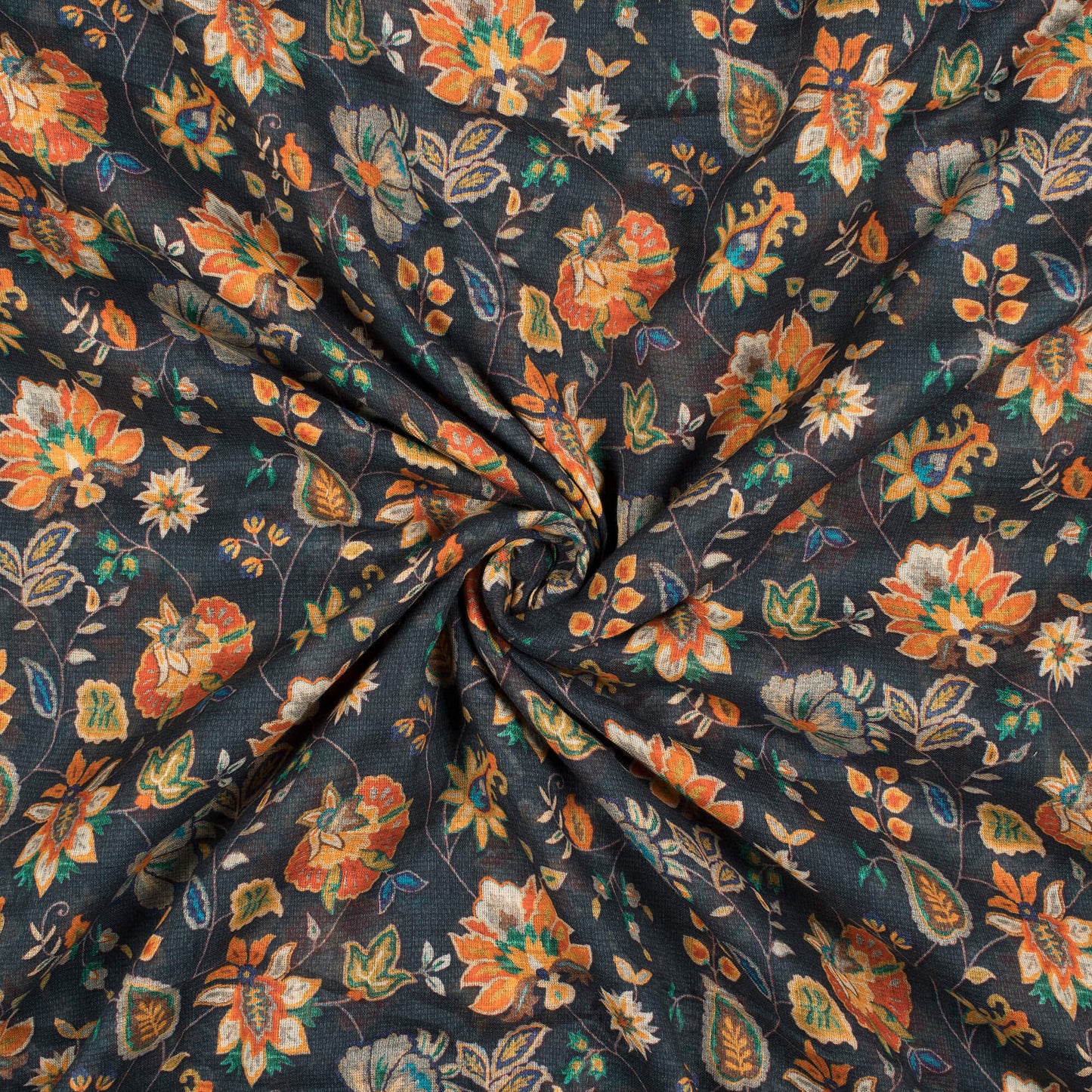 Dark Green And Orange Floral Pattern Digital Print Pure Cotton Mulmul Fabric - Fabcurate