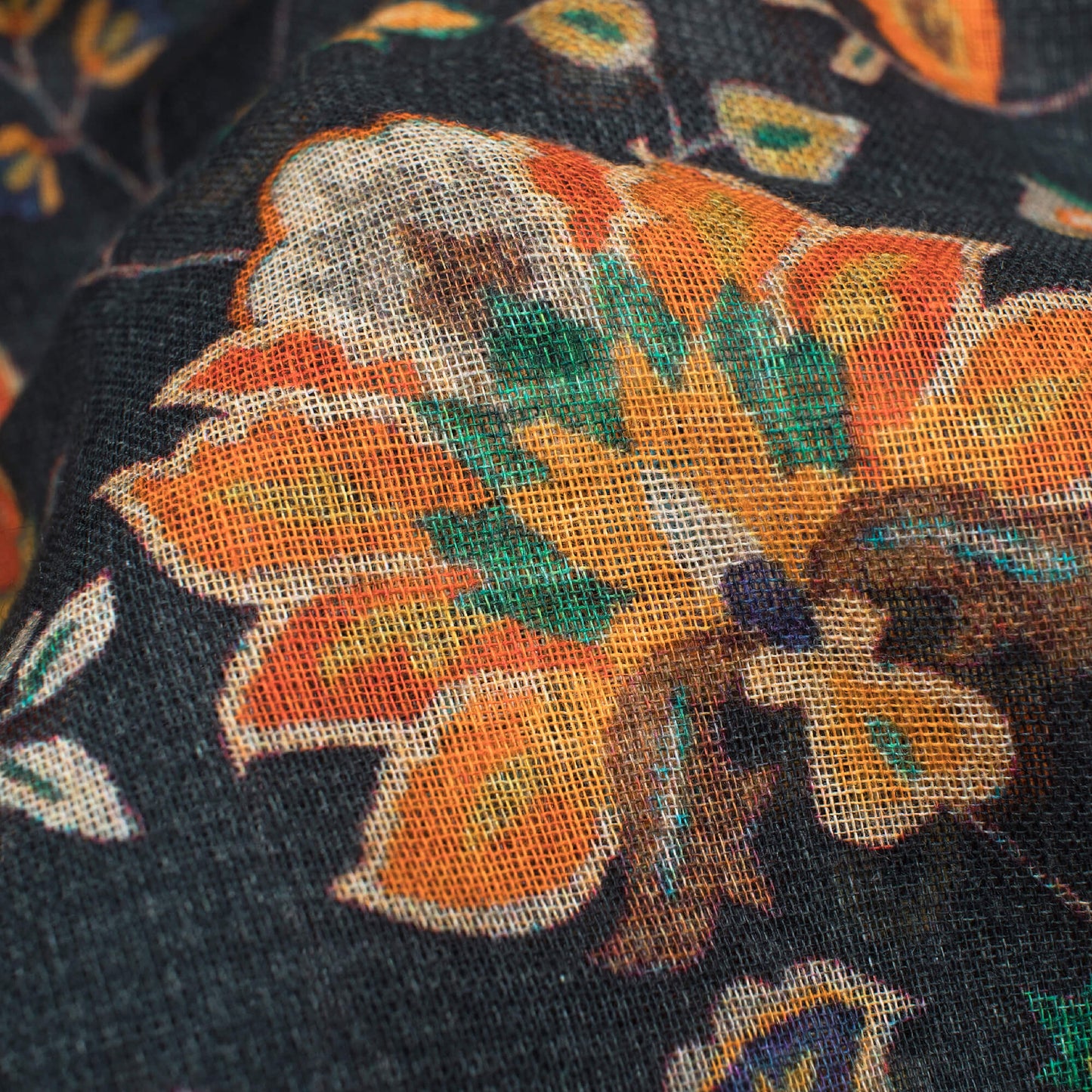 Dark Green And Orange Floral Pattern Digital Print Pure Cotton Mulmul Fabric - Fabcurate