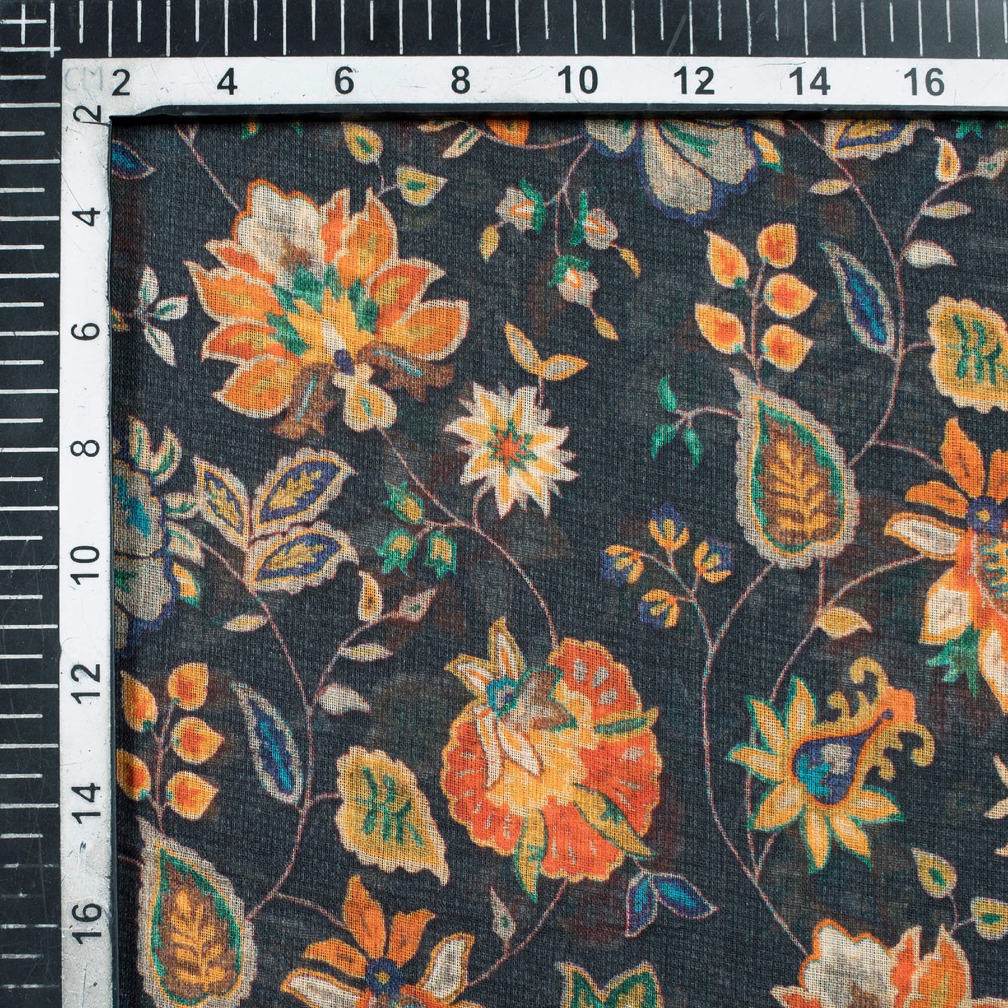 Dark Green And Orange Floral Pattern Digital Print Pure Cotton Mulmul Fabric - Fabcurate